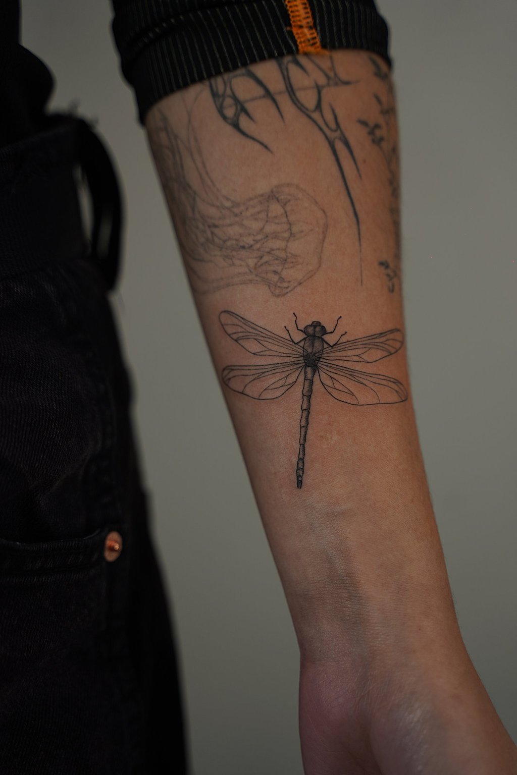 Tatuaje fineline en Madrid de libélula naturalista con alas translúcidas 