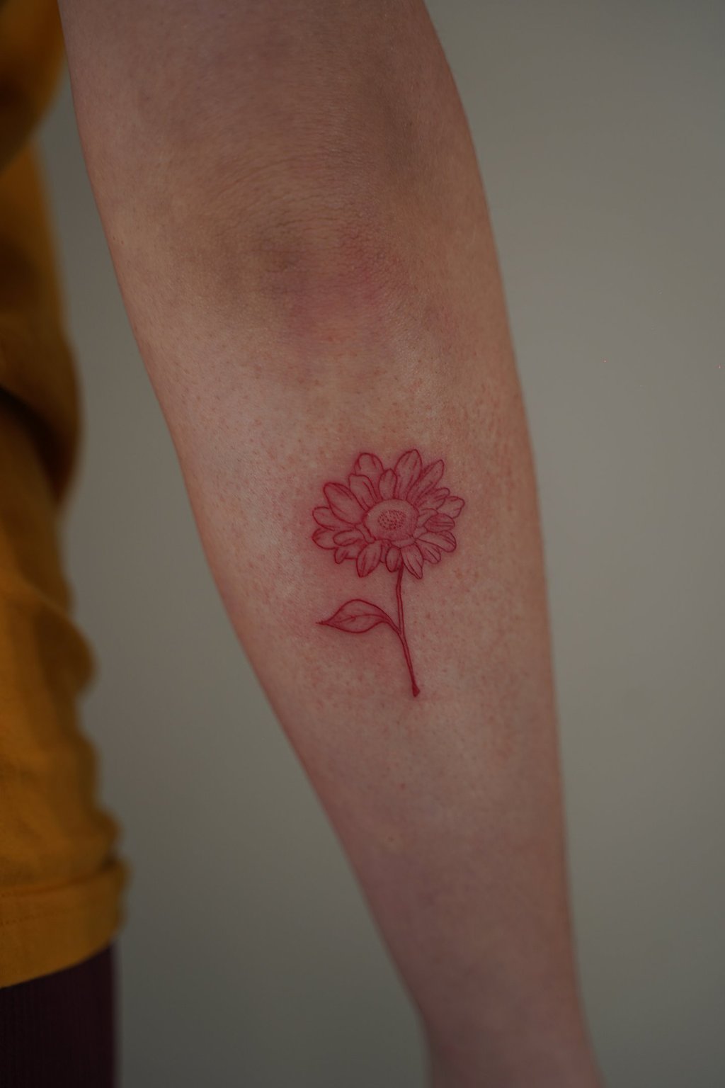 Tatuaje fineline en Madrid de girasol botánico en tinta roja con pétalos detallados