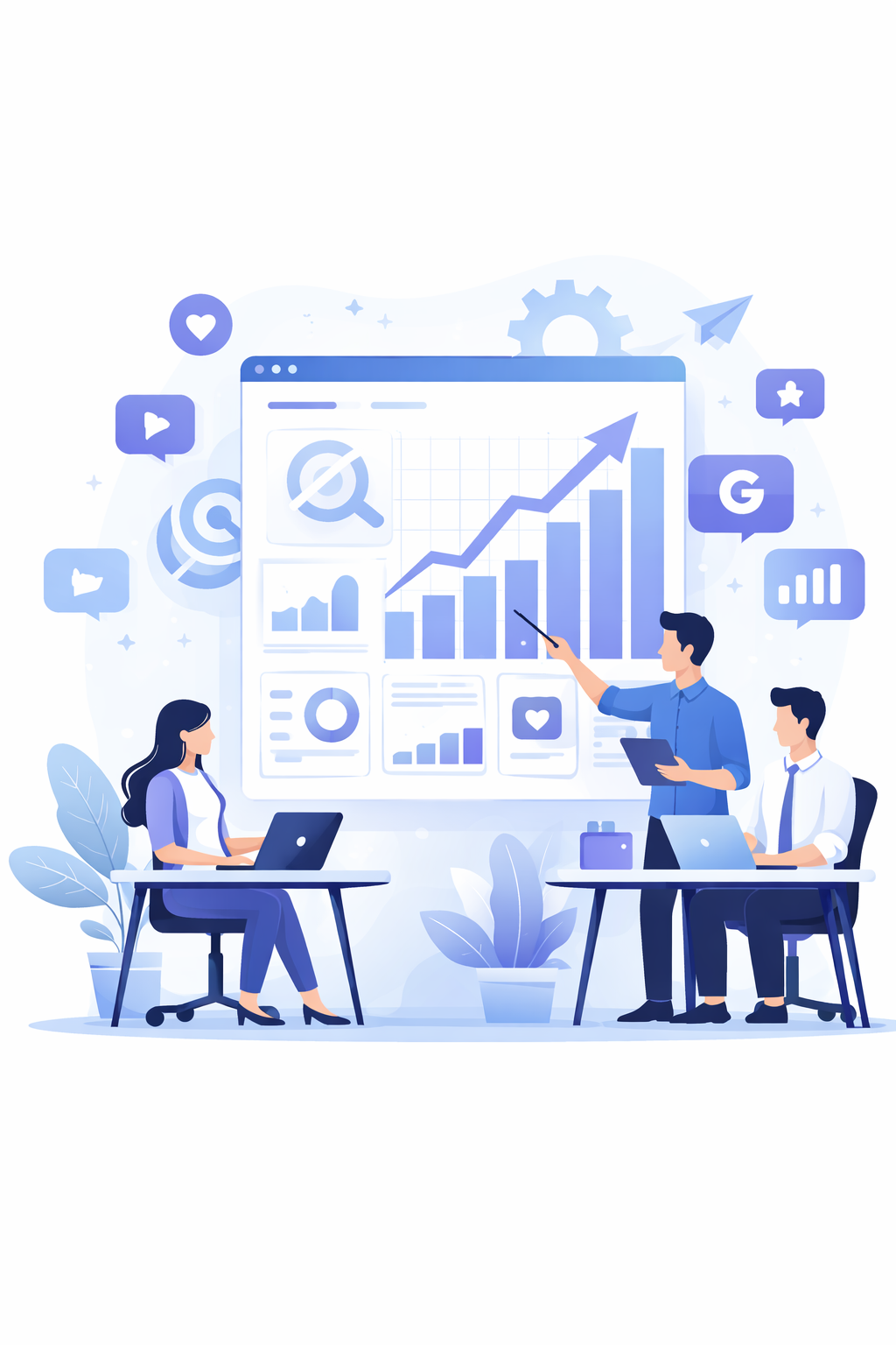 Digital marketing strategy illustration with SEO analysis, data charts, and rocket growth icons.