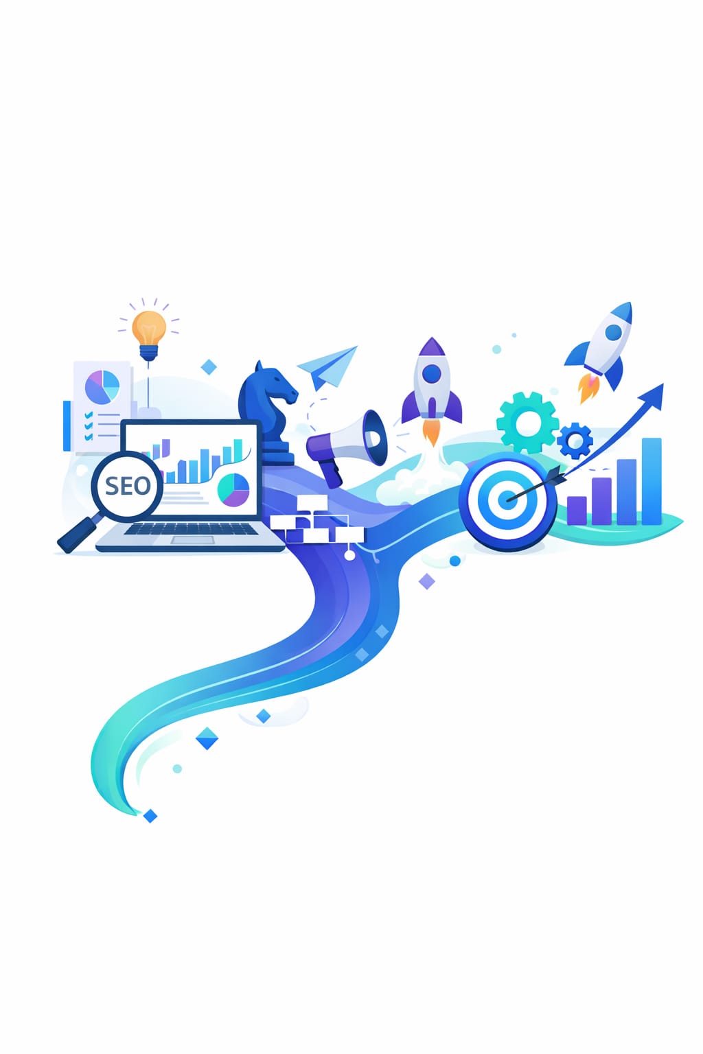 Flat lay illustration of a laptop surrounded by digital technology icons and software development symbols.