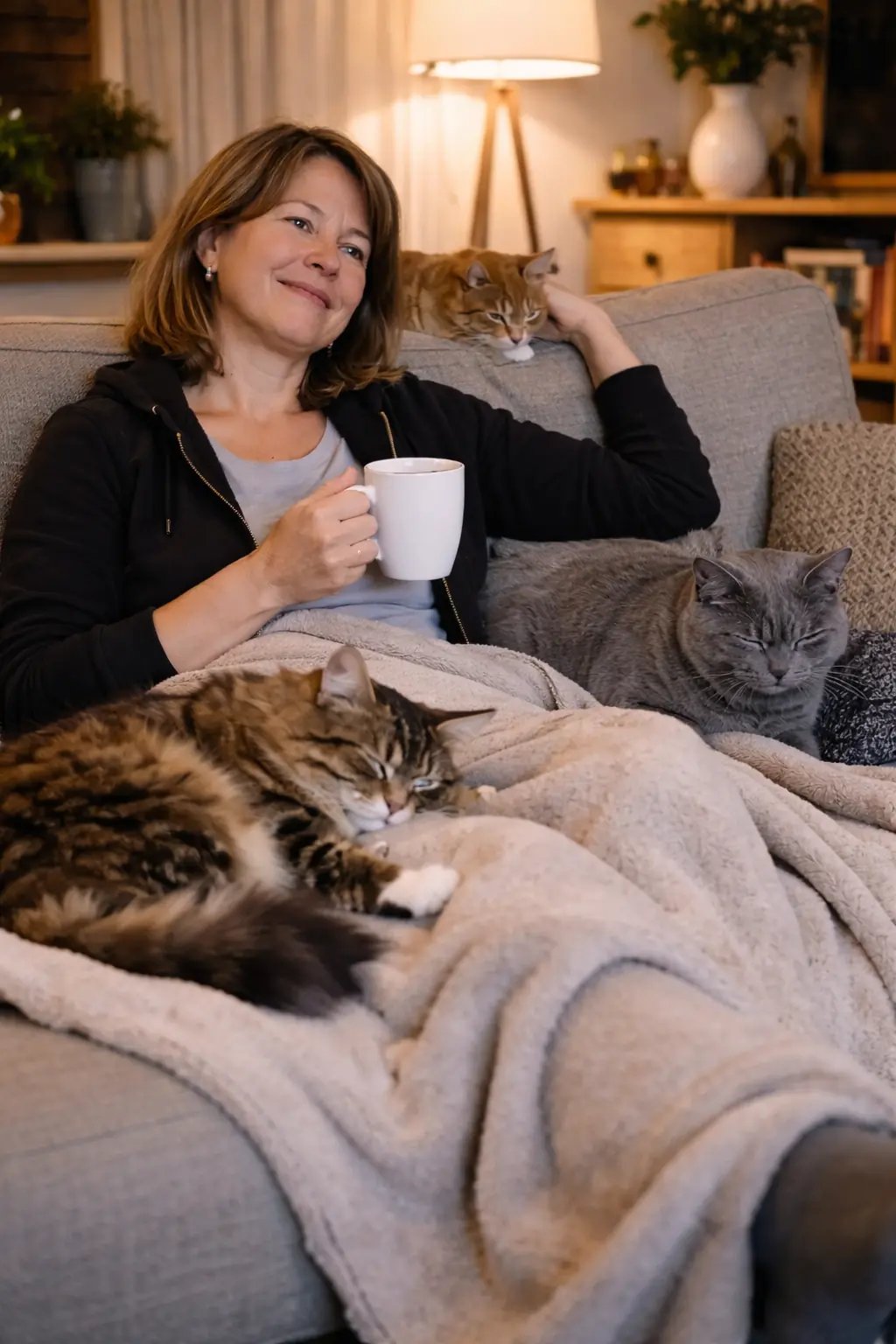 une femme qui se repose avec ses chats grâce à La Vie Sans Crotte