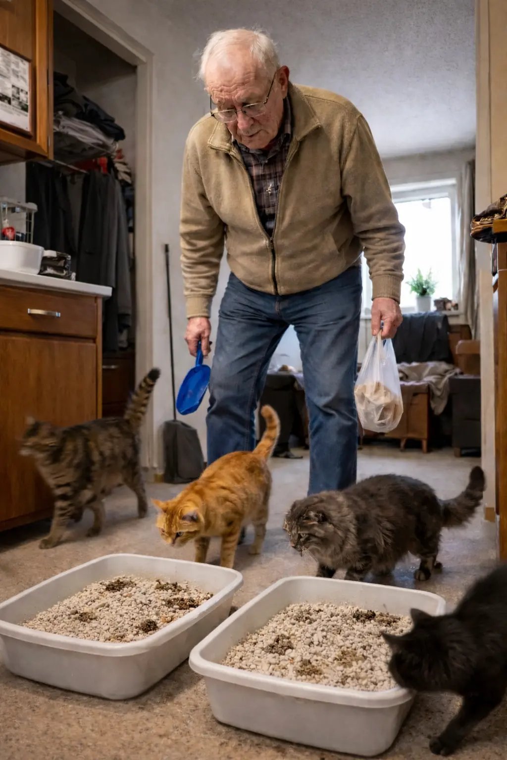 senior avec plusieurs chats à la maison qui a besoin du service litière la vie sans crotte