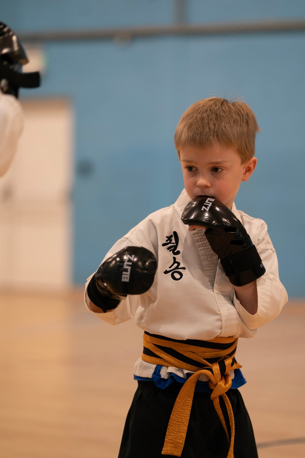 Young boy in a martial arts uniform and boxing gloves practicing karate in a dojo.