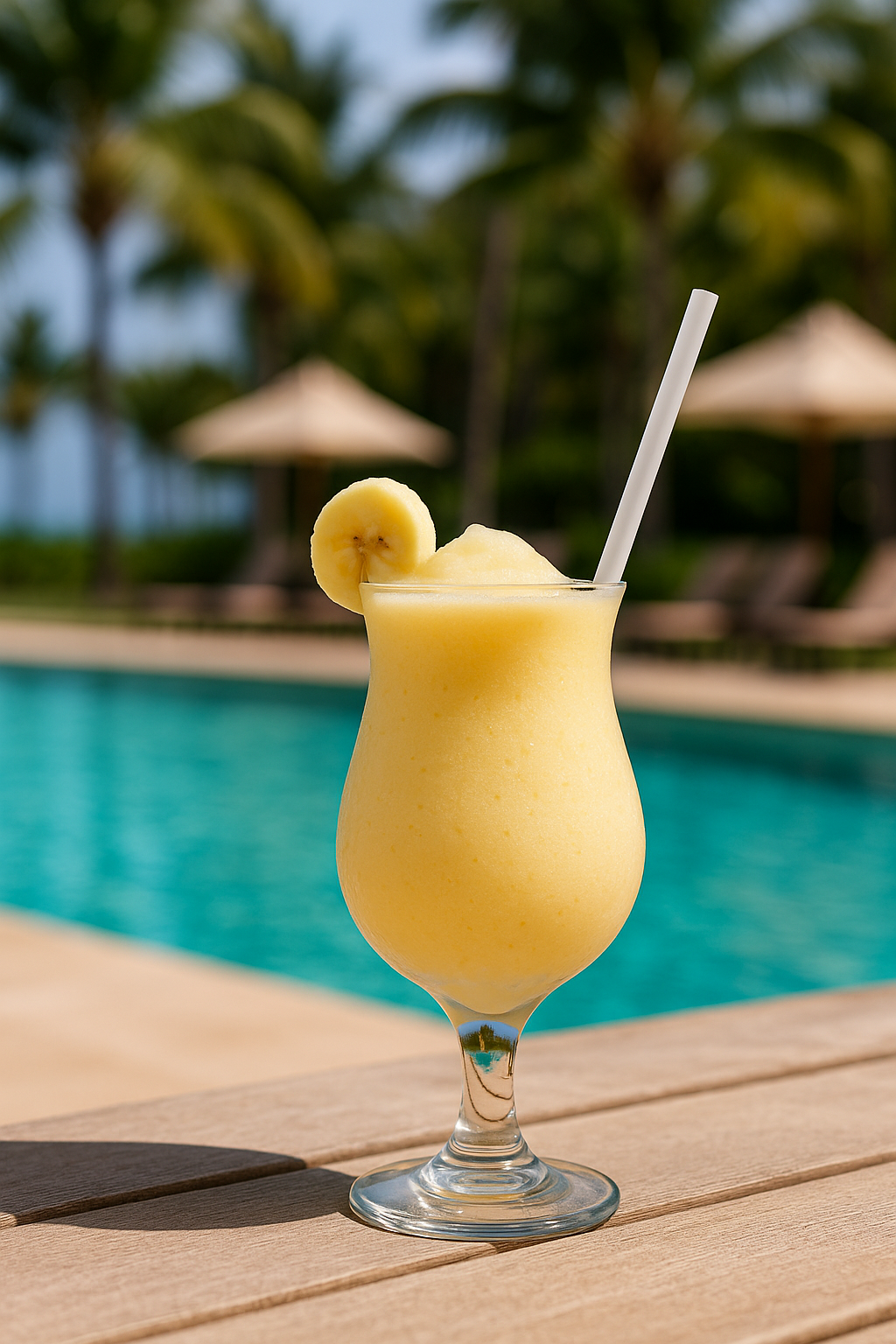 Banana Mama frozen cocktail in a hurricane glass with banana garnish