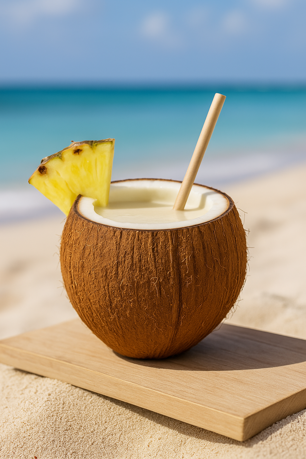 Coco Loco cocktail in a fresh coconut with straw on a wooden board by the beach