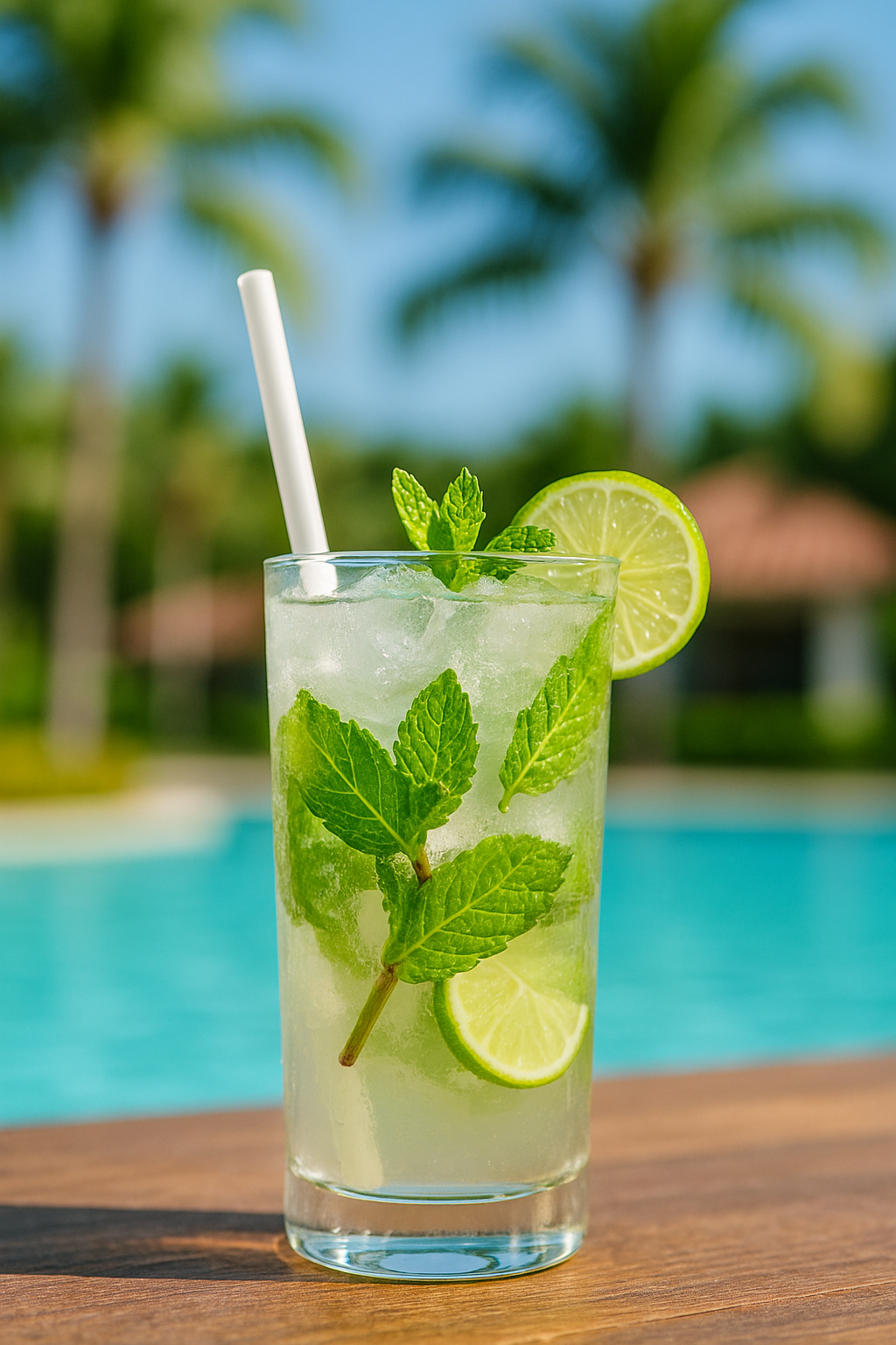 Mojito cocktail with fresh mint, lime slices, and crushed ice in a tall glass