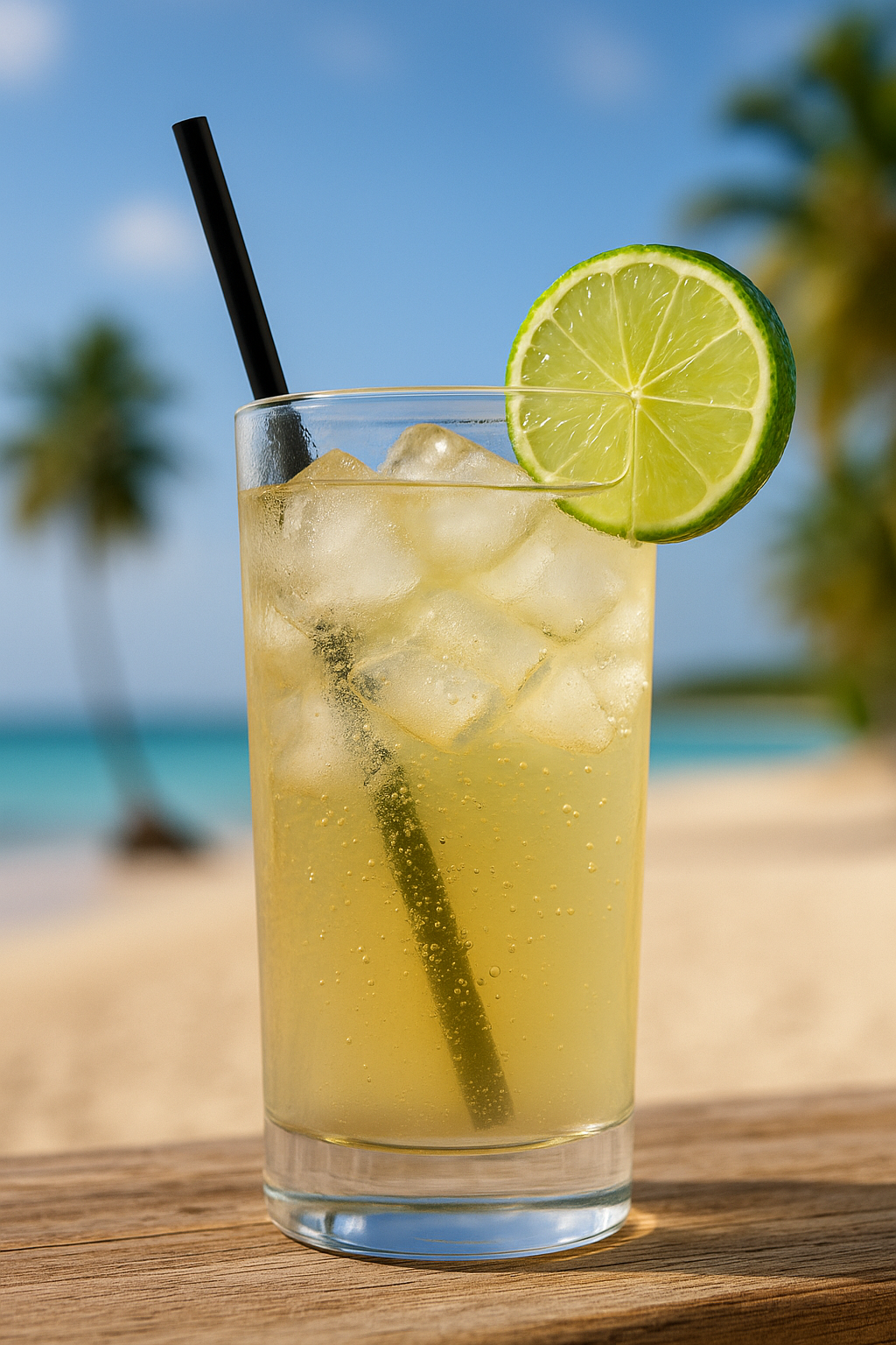 Santo Libre cocktail with rum, lime, and ice in a tall glass on a tropical beach in the Dominican Republic