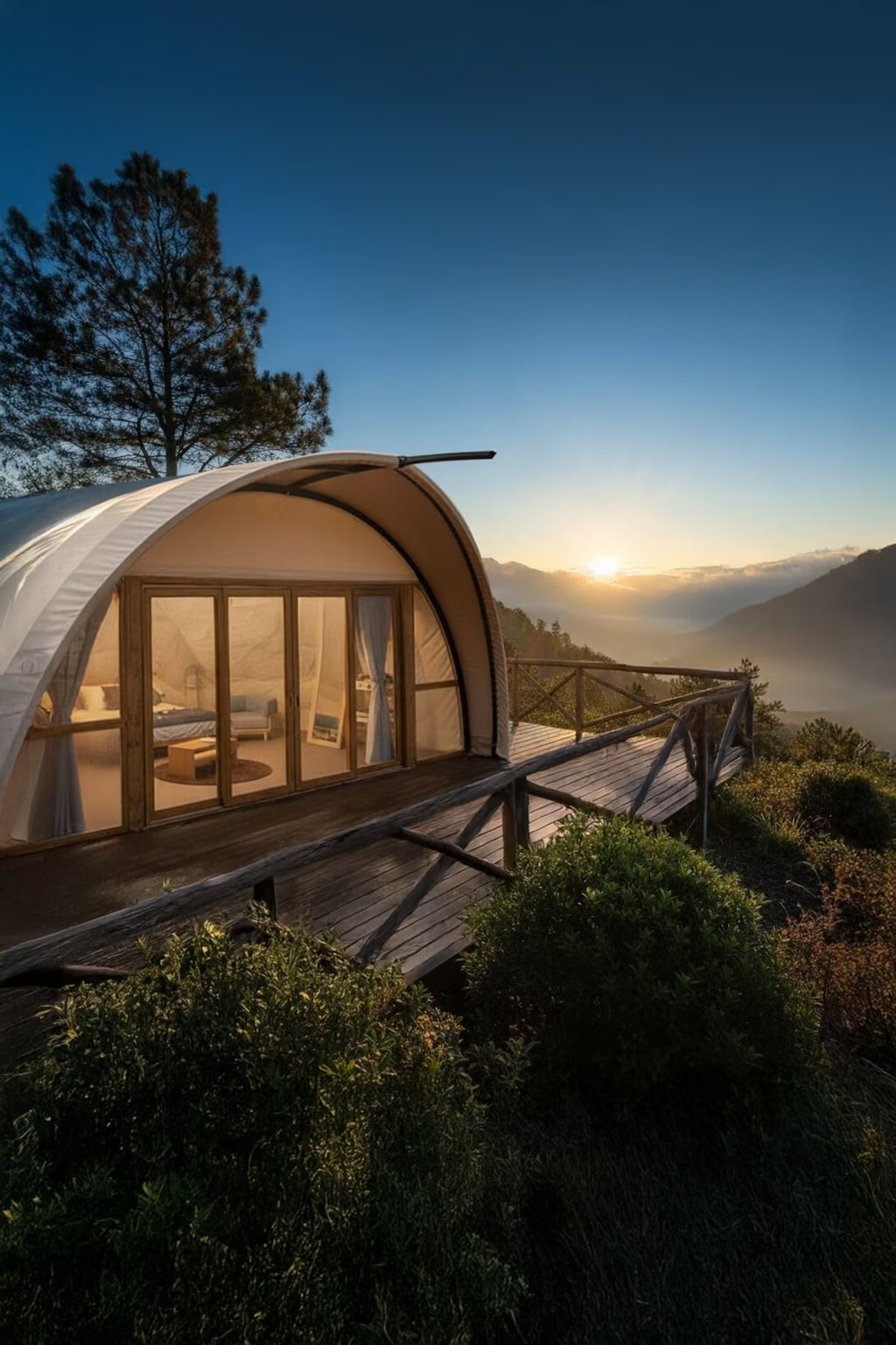 Luxury glamping dome in Jarabacoa, Dominican Republic with mountain sunrise views and wooden deck terrace