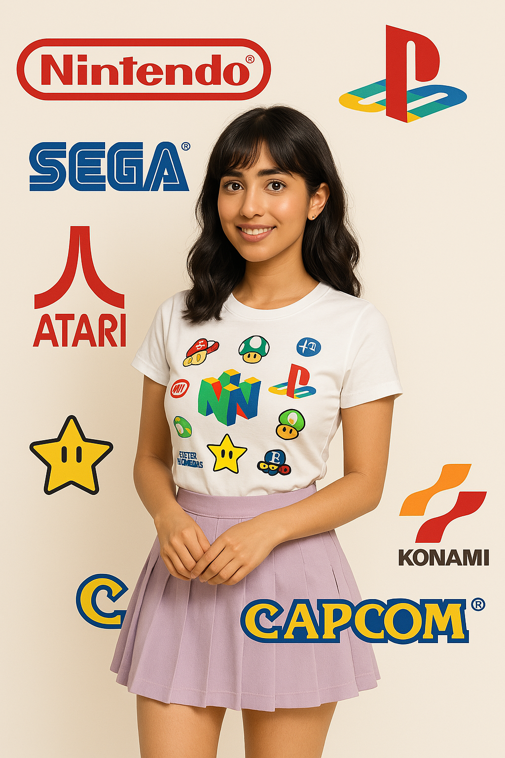 a woman in a skirted skirt and a nintendo wii gameboy