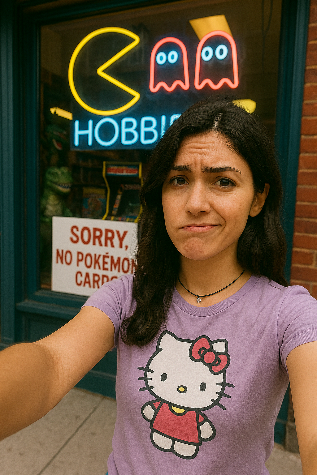 a woman in a purple shirt is taking a selfie