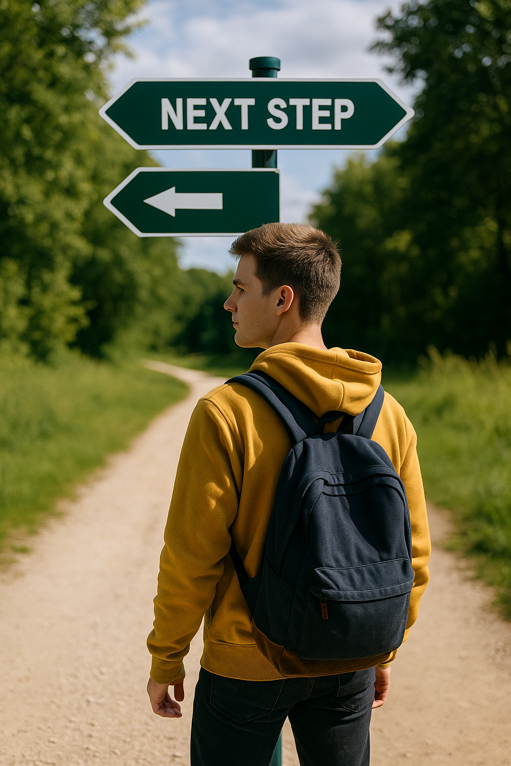 student at crossroad sign