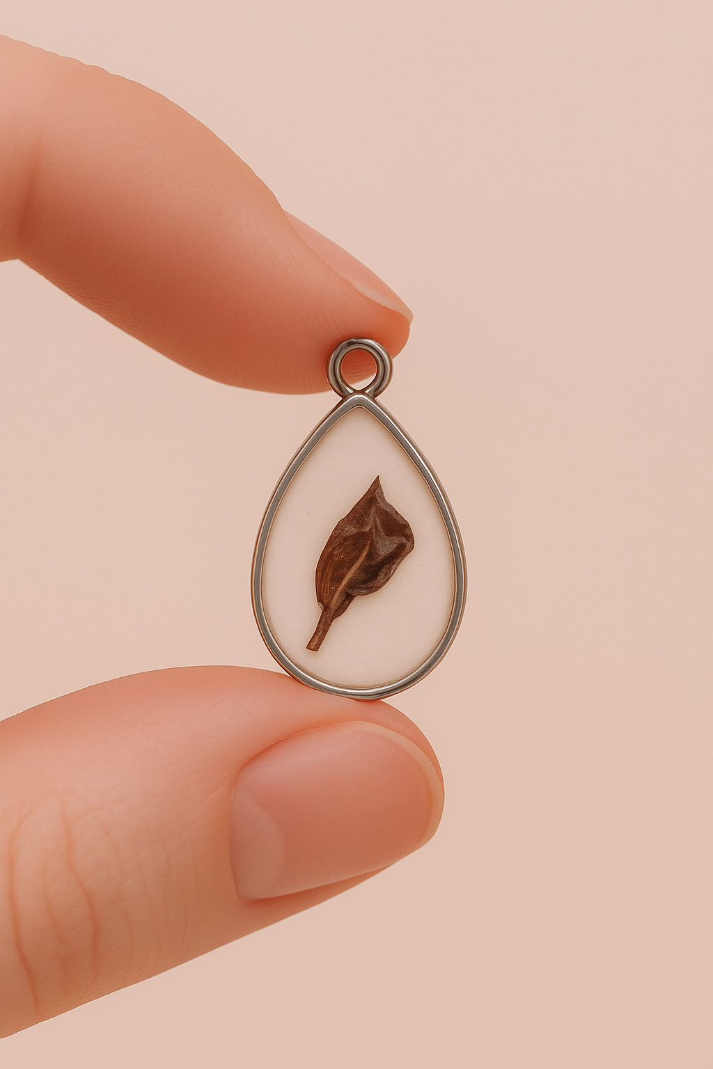 a person holding a small tear shaped pendant with a leaf