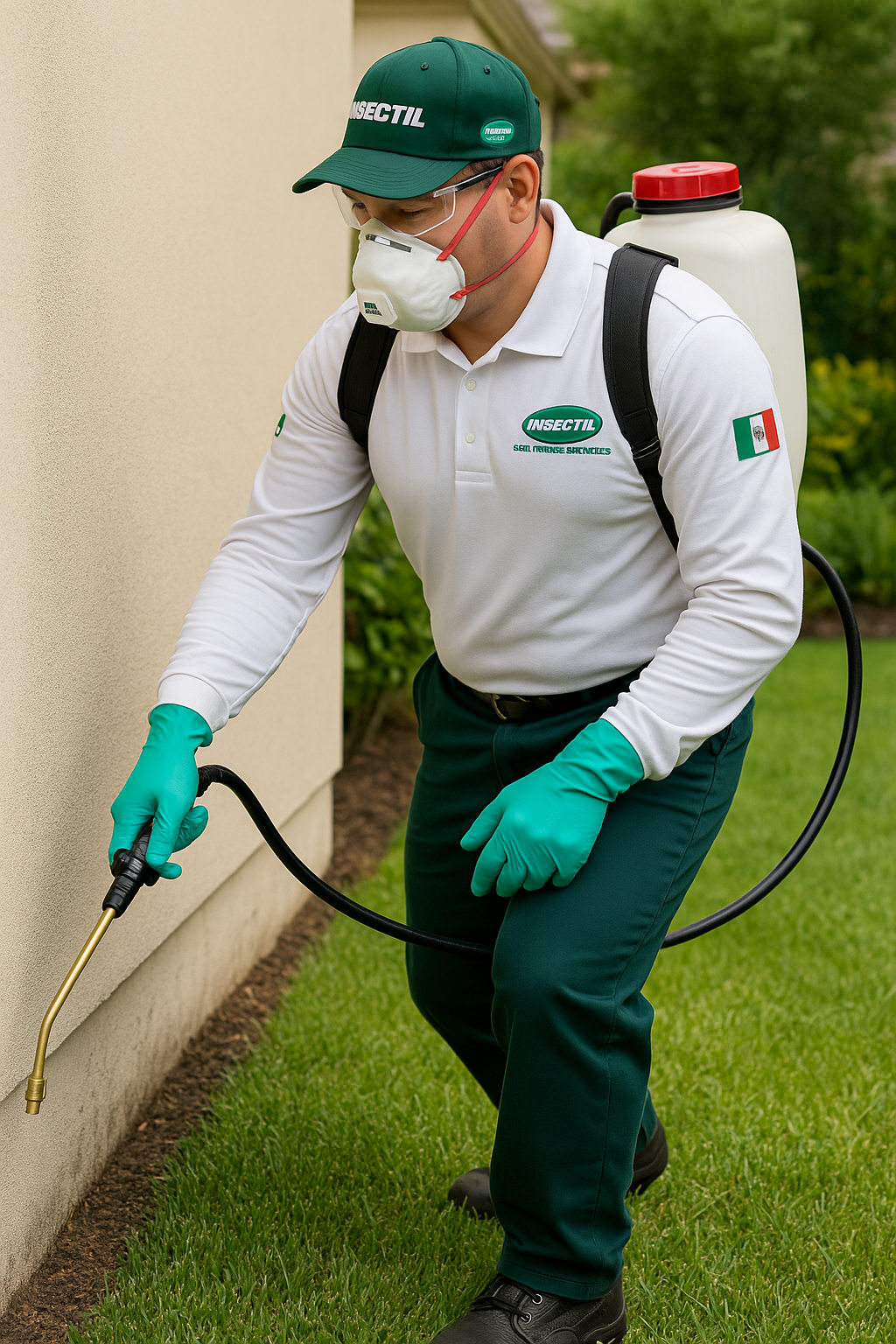 técnico realizando servicio de fumigación en jardín