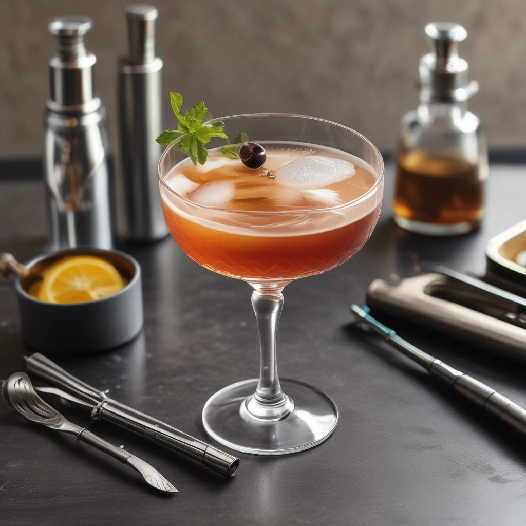 A cocktail glass filled with a golden-brown beverage sits on a polished wooden surface. The drink is adorned with a clear ice cube, a twist of orange peel, and a dark cherry skewer. The background is a bokeh effect with warm, blurry lights, adding to an elegant and cozy atmosphere.