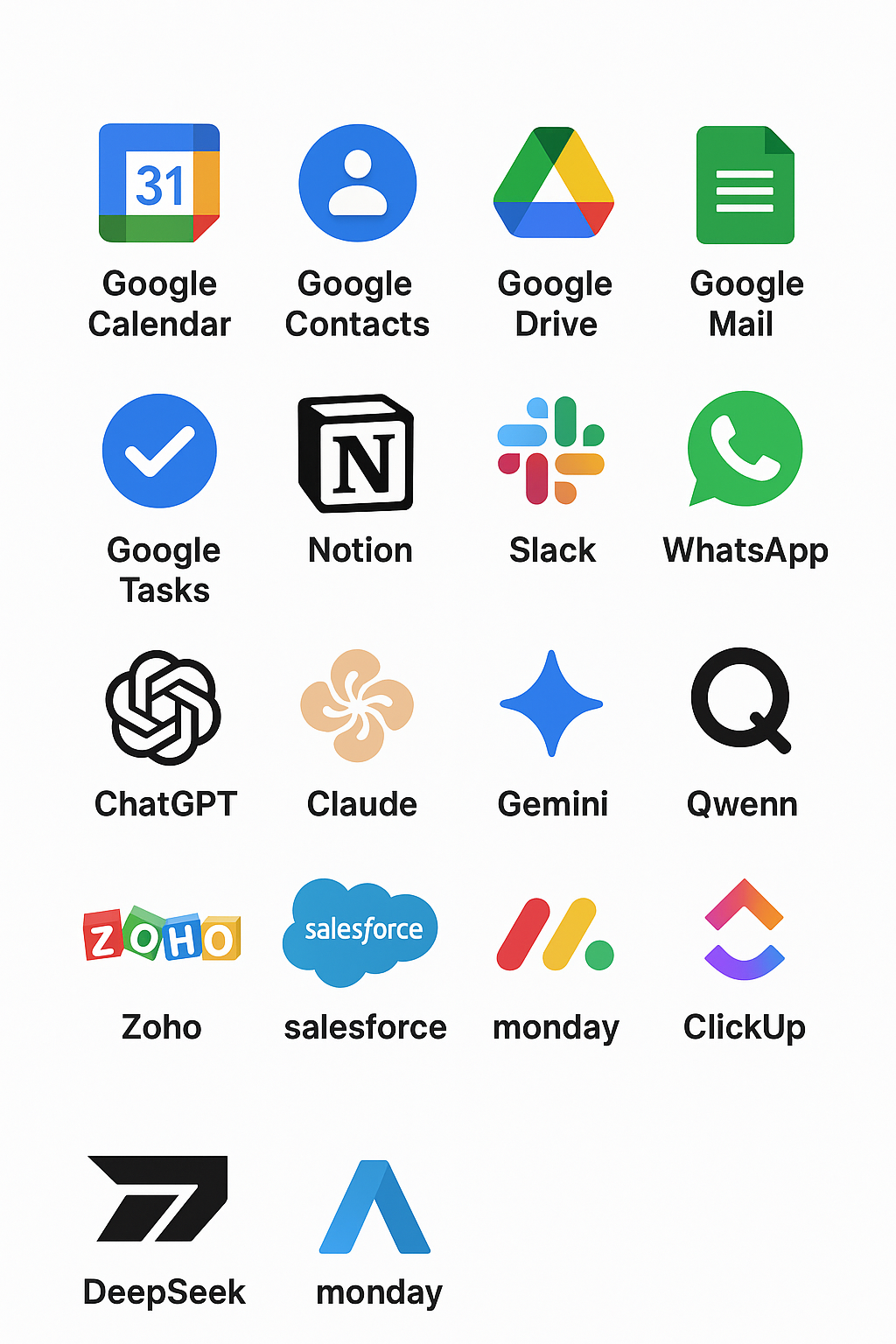 Seamlessly integrate Google Apps, LLM's (Open AI), Notion, CRM's(ZOHO)...