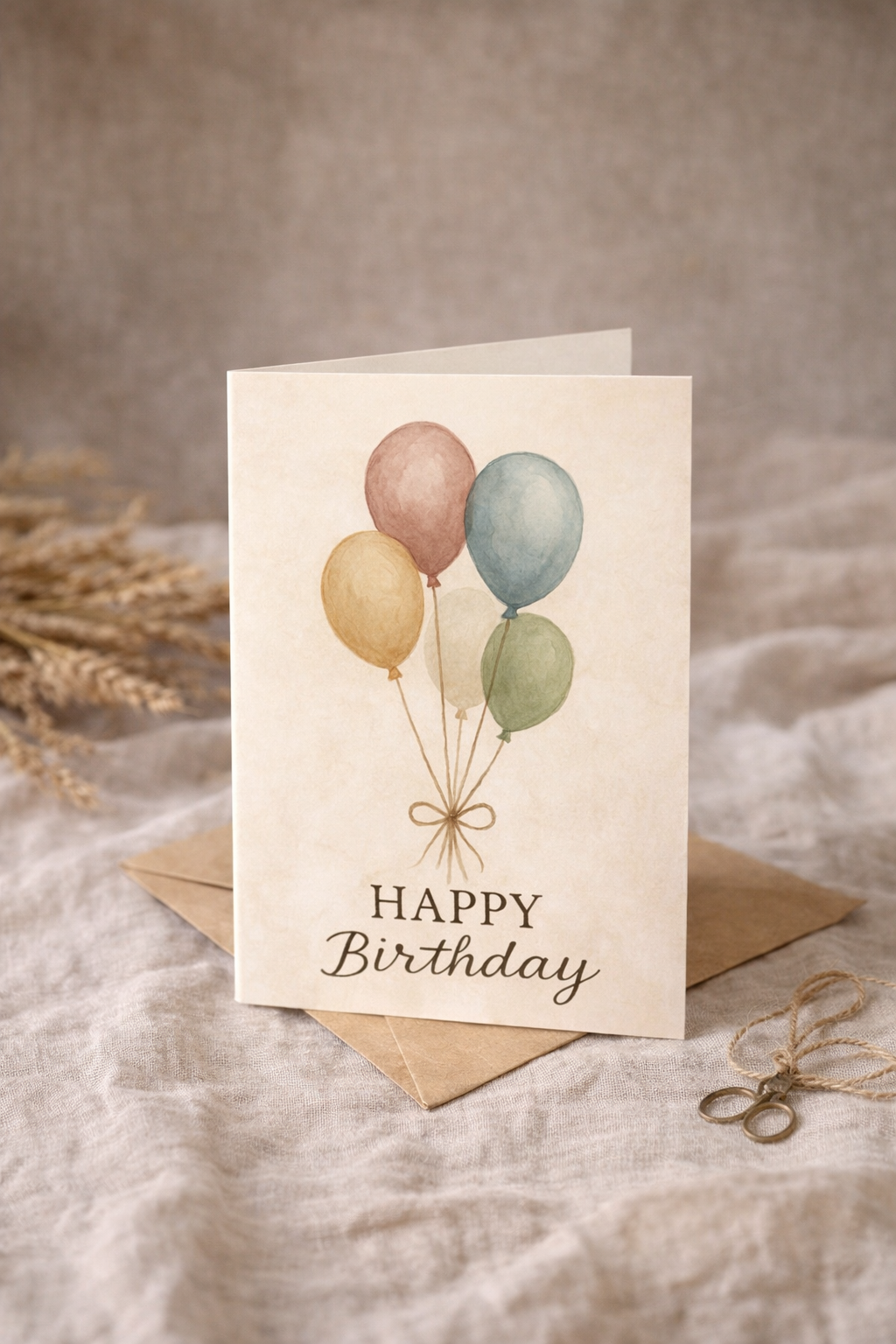 Watercolor happy birthday card featuring muted balloons on vintage paper with a kraft envelope.