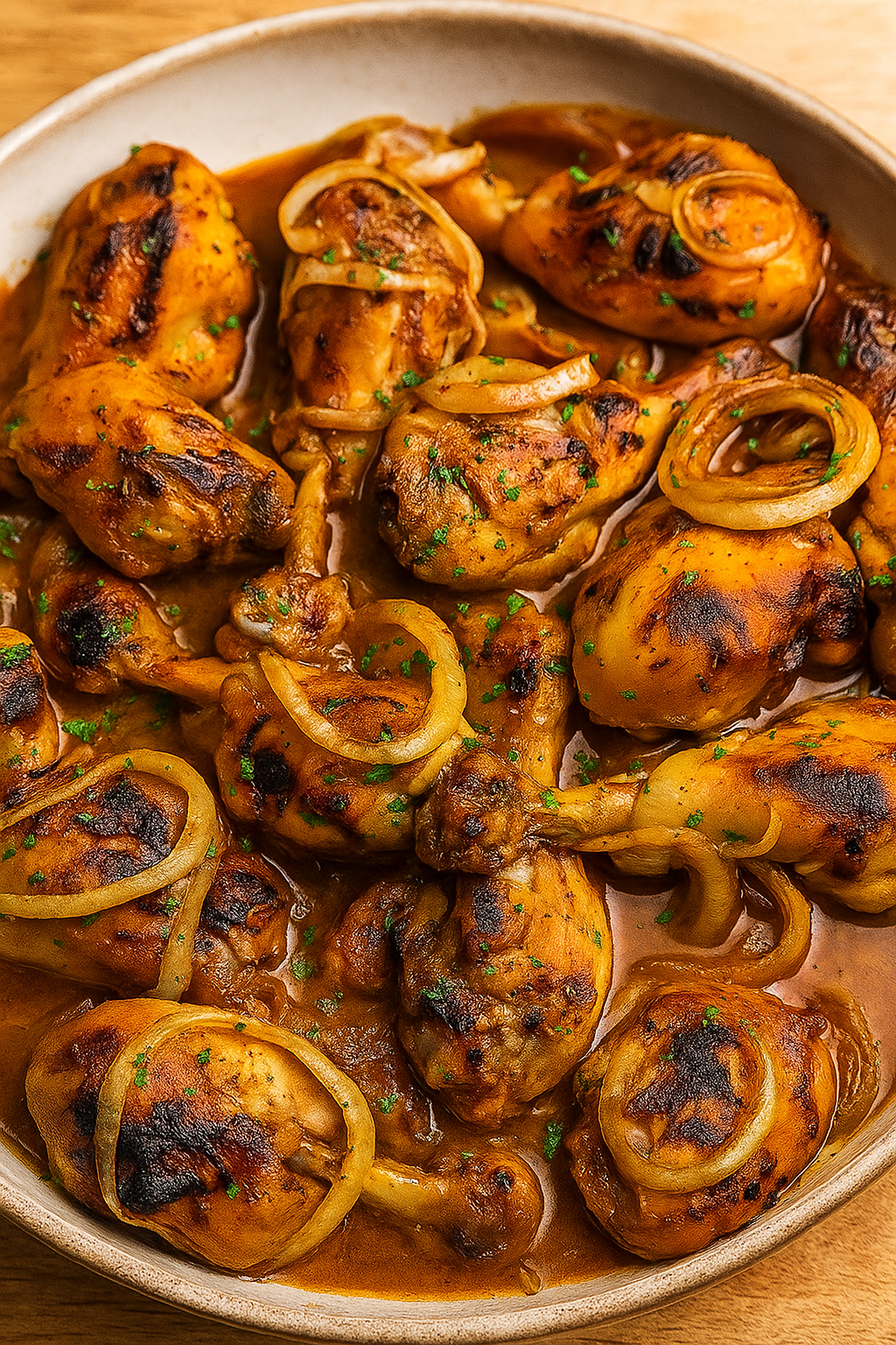 un bol du poulet en sauce juteux avec de l'oigon