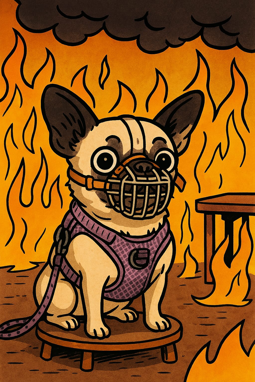 Lustiges Comic Bild von Mels Hund der einen Maulkorb trägt