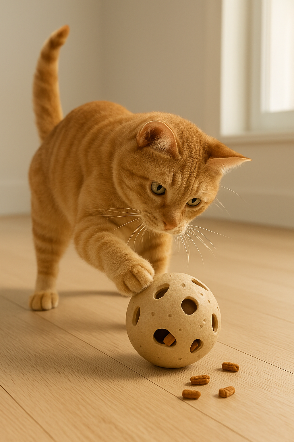 Indoor cat playing with a puzzle feeder.