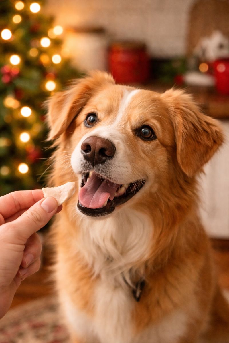 Dog enjoying a safe holiday treat indoors.