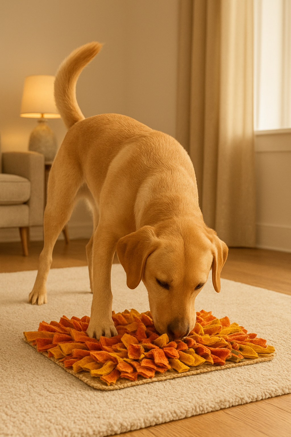 Dog using a snuffle mat for indoor enrichment.