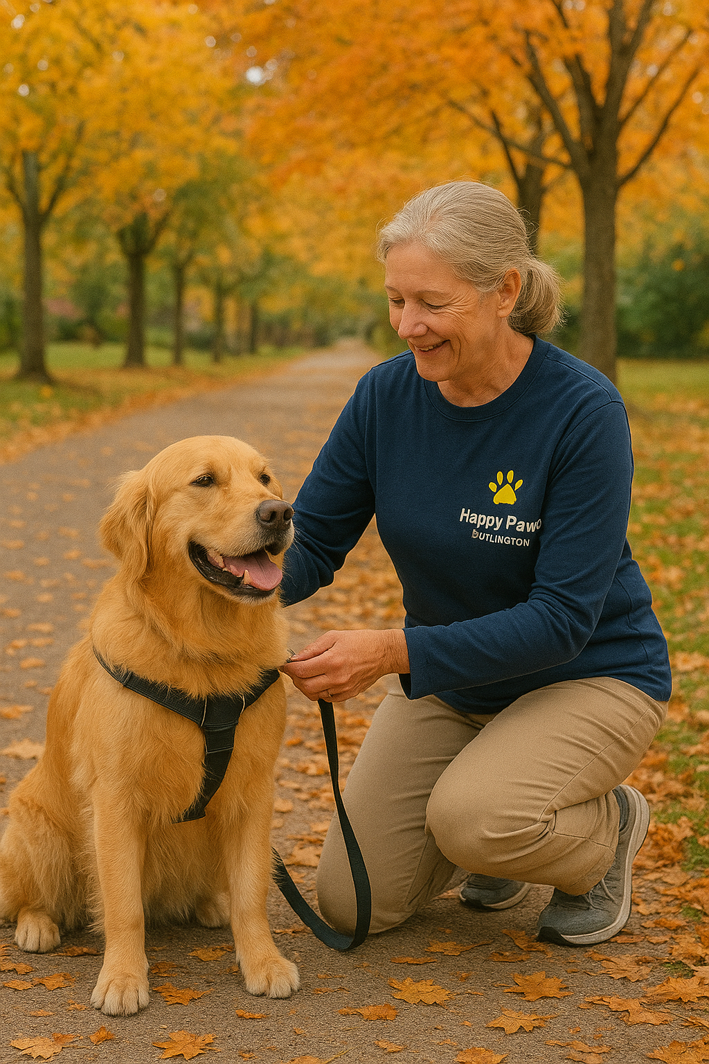 Burlington dog walker adjusting dog harness before solo walk
