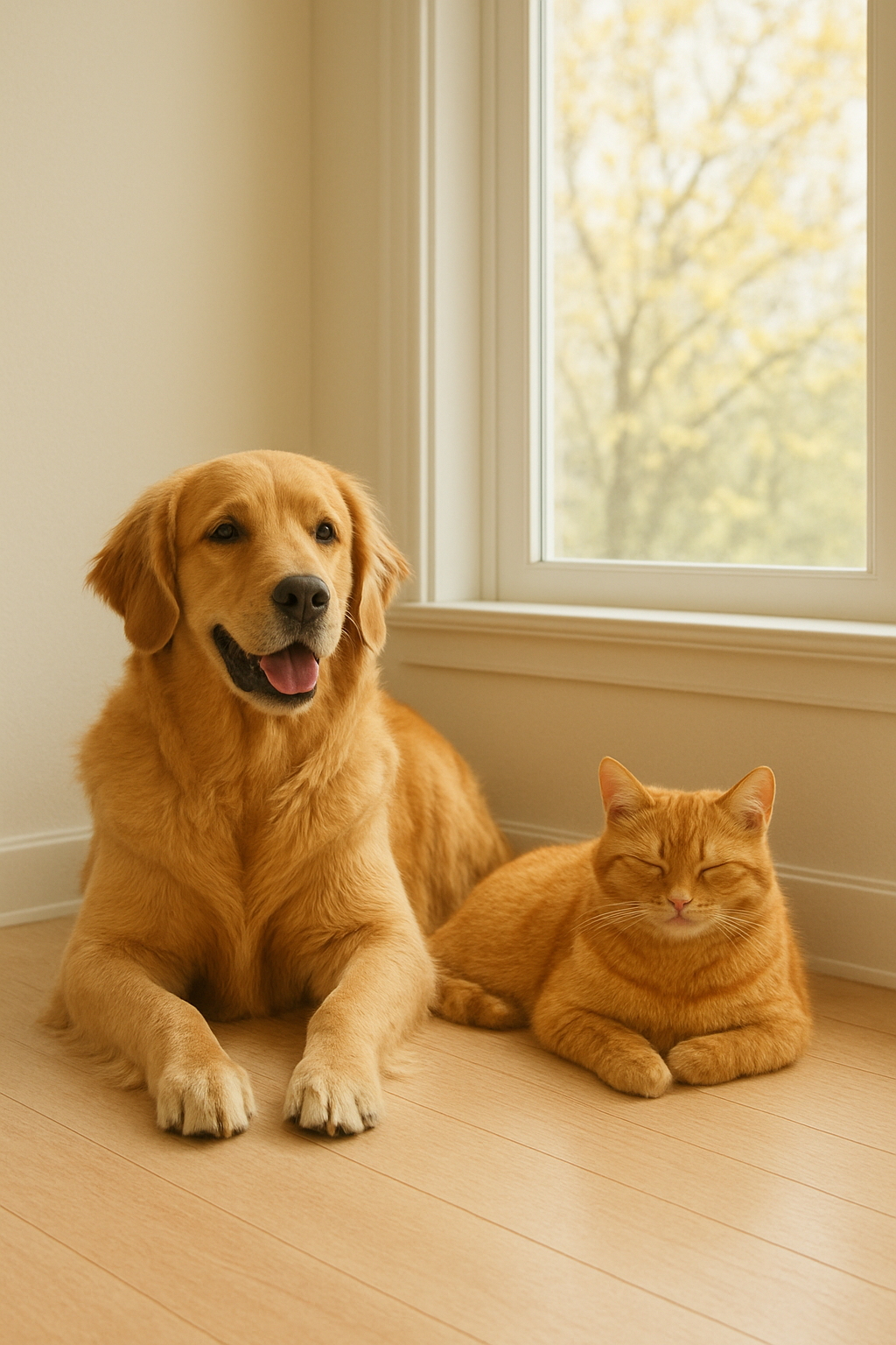 Dog and cat resting indoors near a window with blooming plants outside