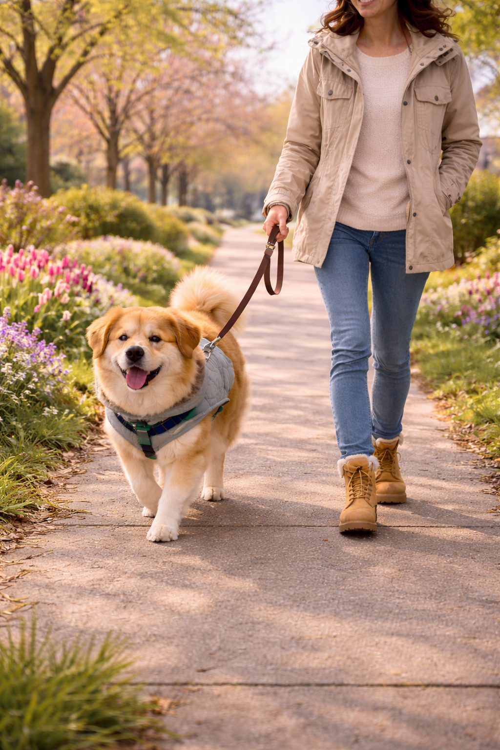 Dog walking calmly on a spring sidewalk in Oakville.