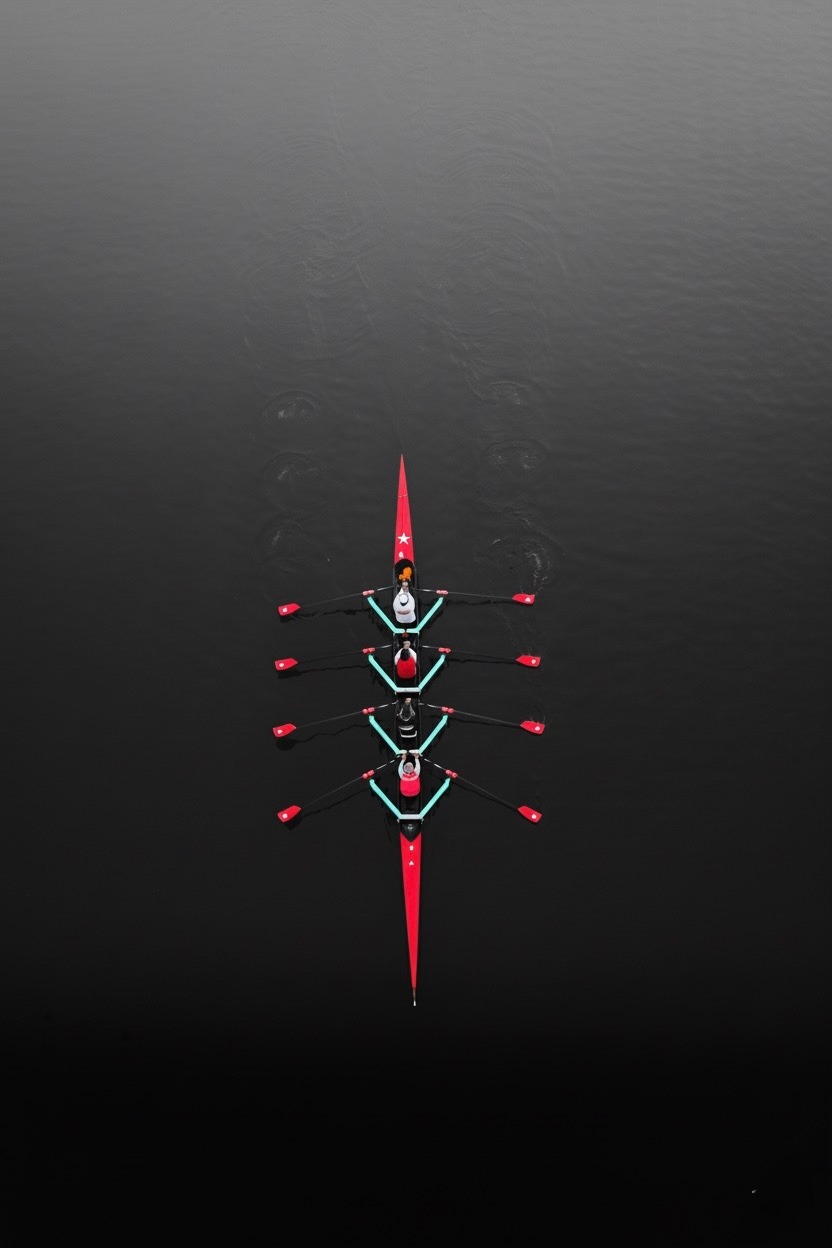 a group of people rowing a boat in unison in the water
