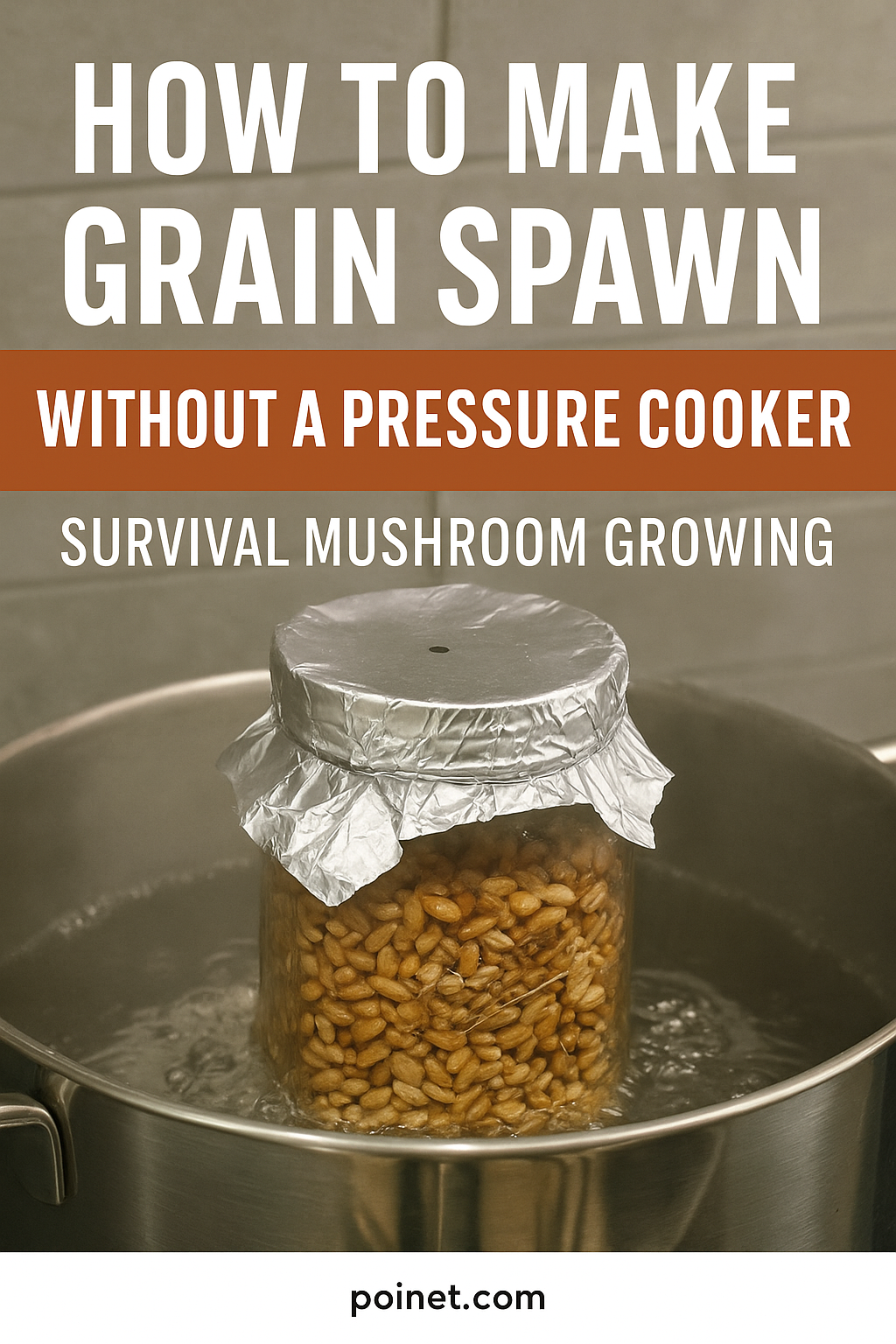 Glass jar of grain with foil lid sitting in a pot of boiling water, showing a low-tech method to ste