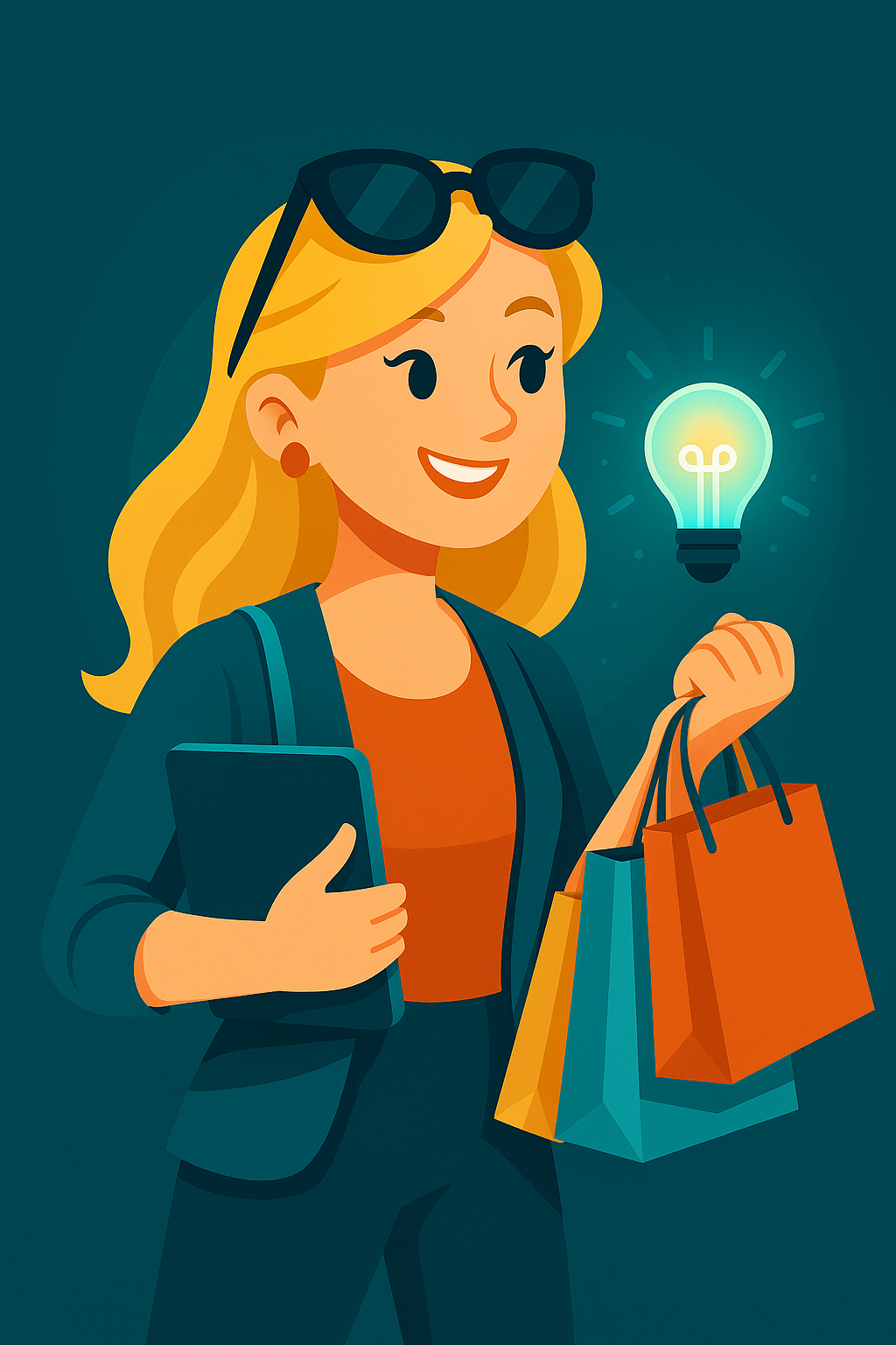 a female AI shopping assistant holding a cell phone and a bag