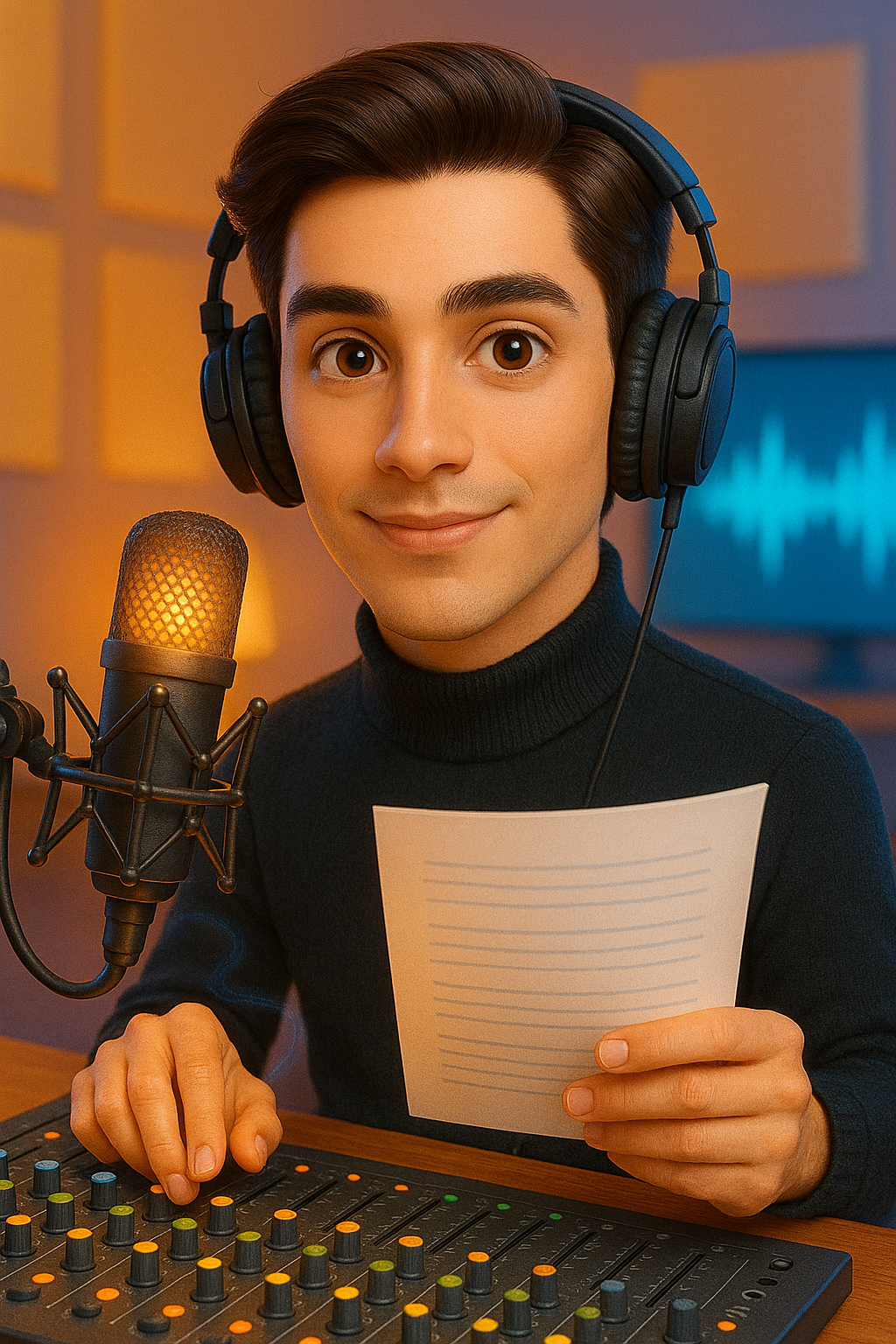 a man in a black sweater and headphones is holding a paper