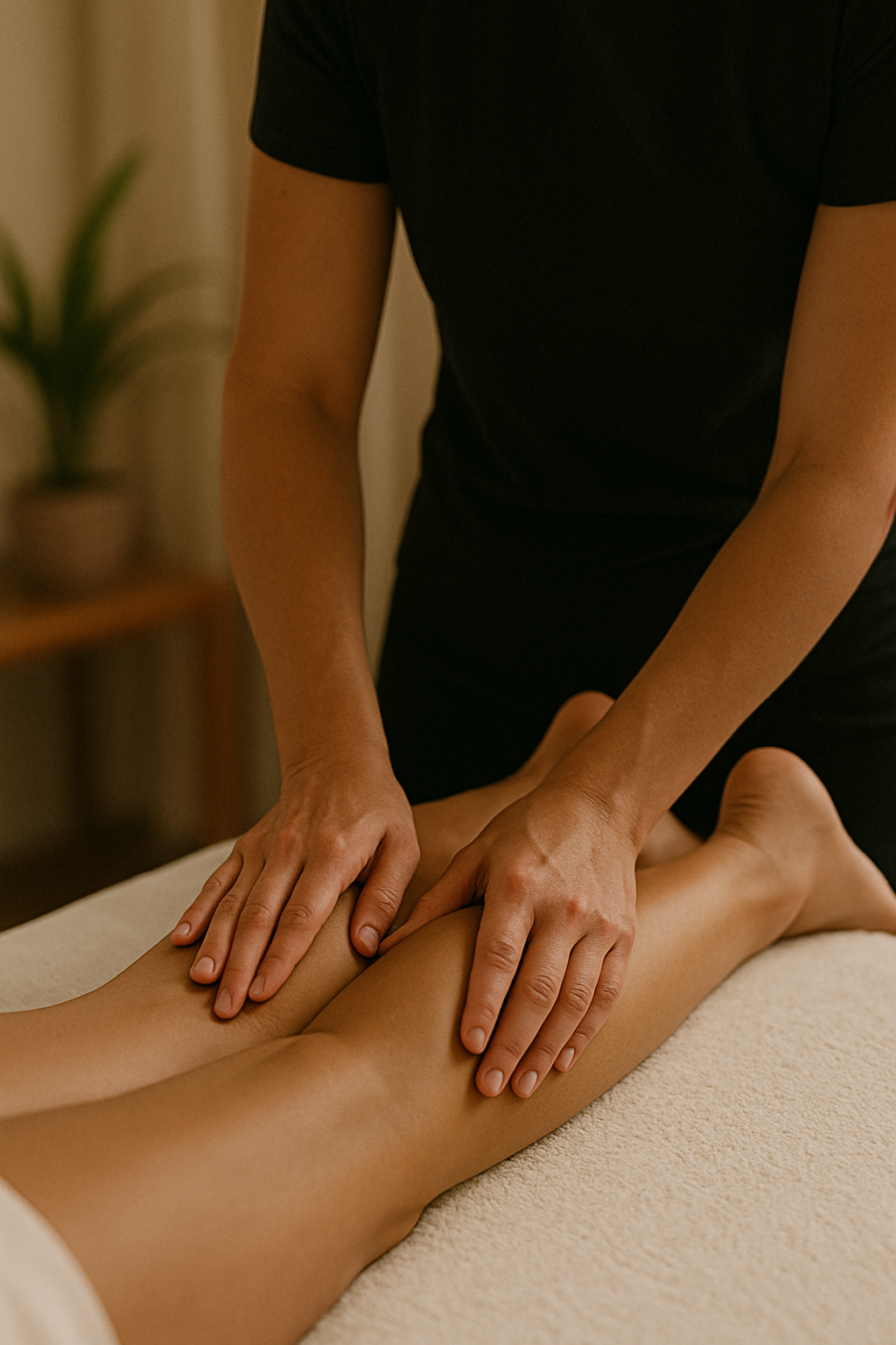 a woman in a massage room her legs massaged to improve circulation to help with menopause symptoms