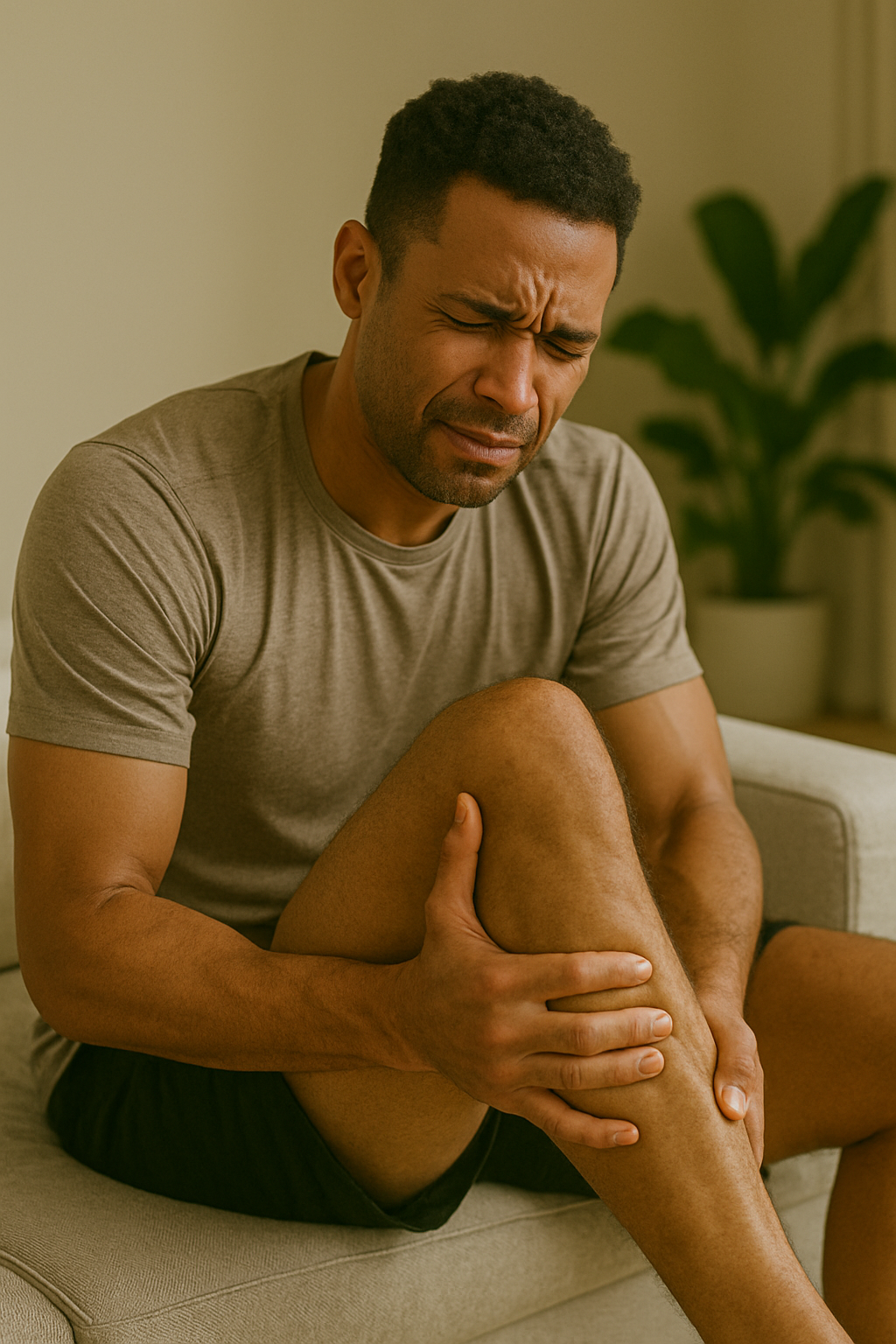 Man with leg cramp showing tight muscles