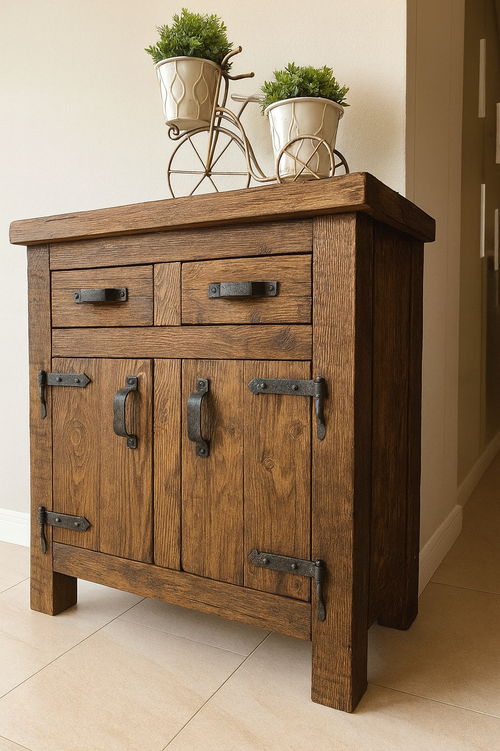 Mebel w stylu rustykalnym, ciężki , solidny z mocnymi okuciami stalowymi. Widać każdy szczegół usłojenia, sęki i pęknięcia