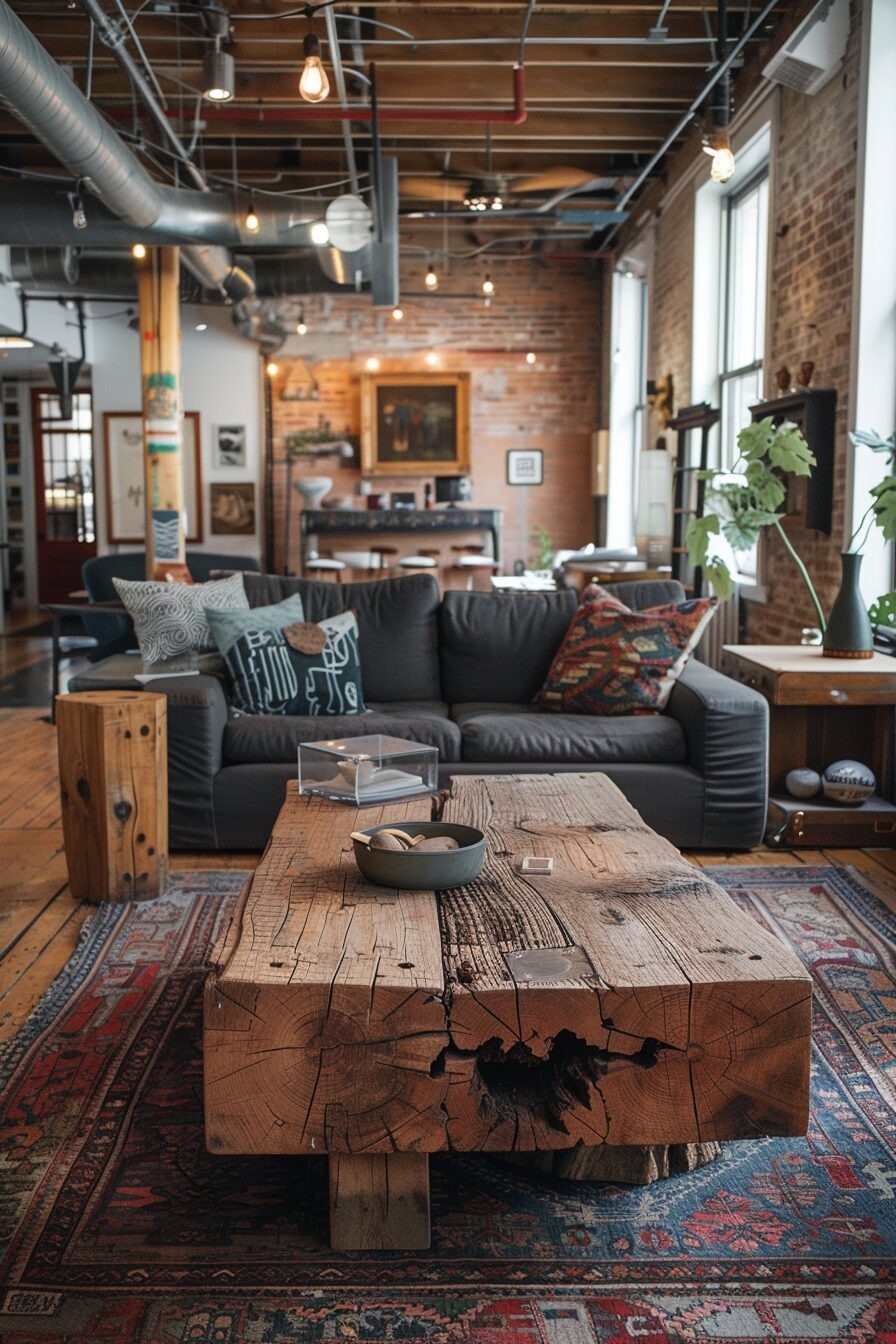 Połączenie stylu rustykalnego i industrialnego w ławie. Surowe drewno z widocznymi ubytkami