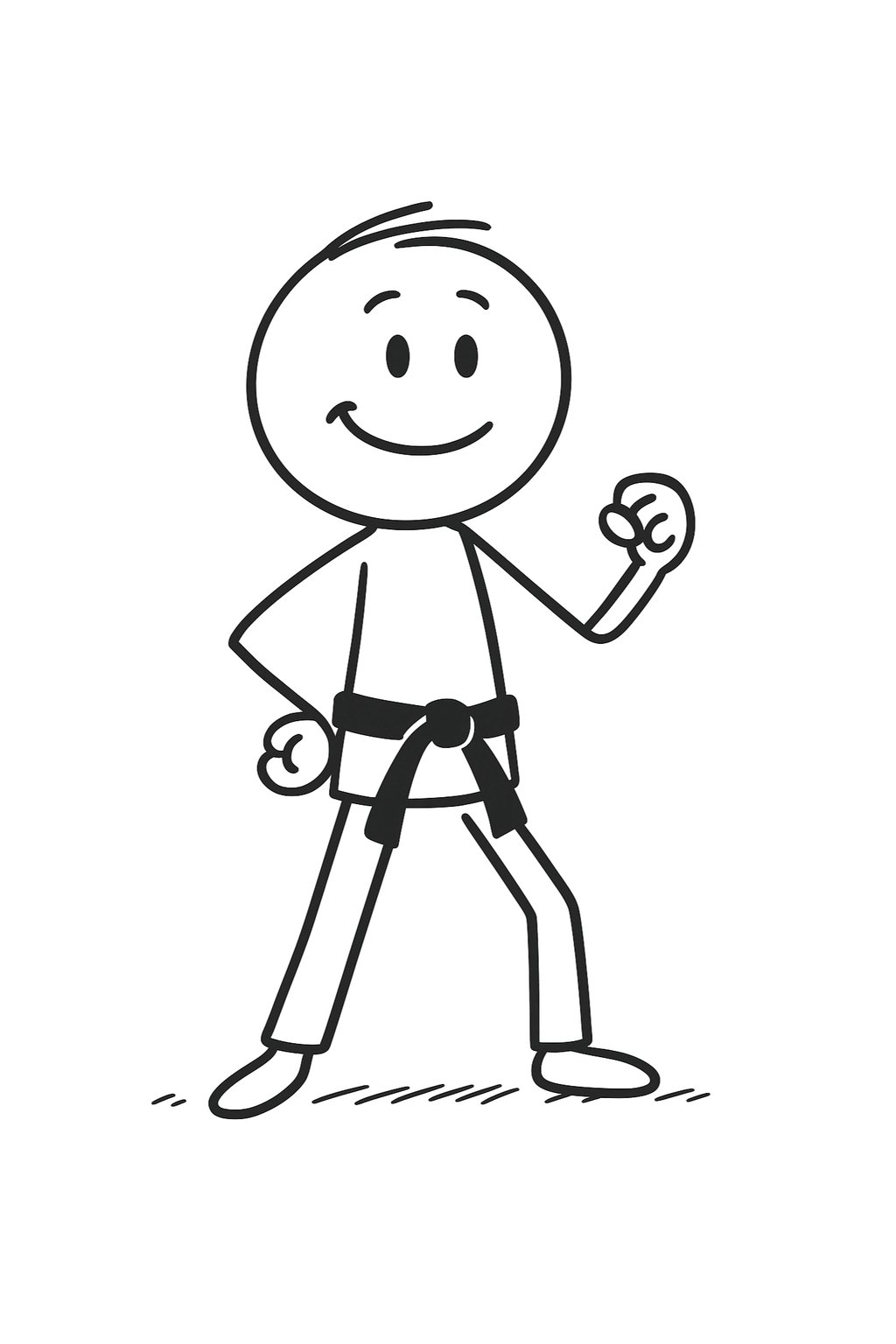 A smiling stick figure illustration of a karate black belt in a martial arts stance.