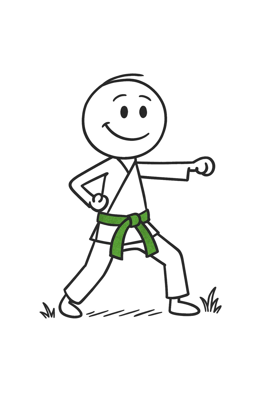 A stick figure cartoon of a smiling person wearing a karate gi and green belt practicing a punch.