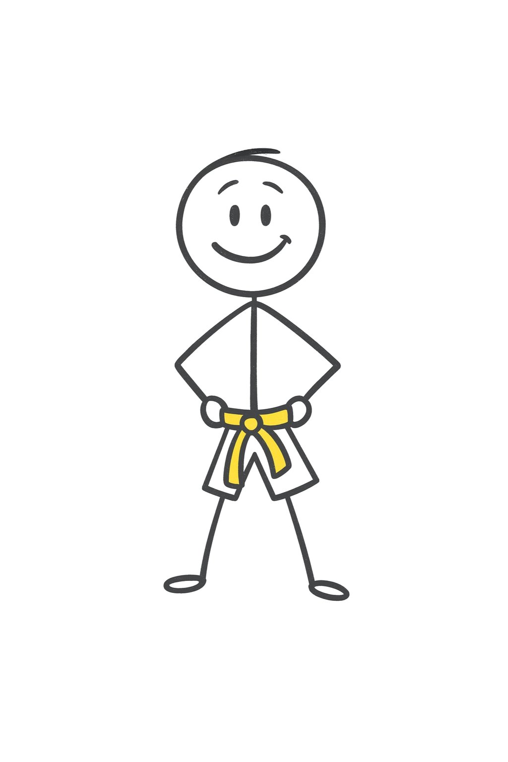 A smiling stick figure martial artist wearing a karate uniform and a yellow belt.