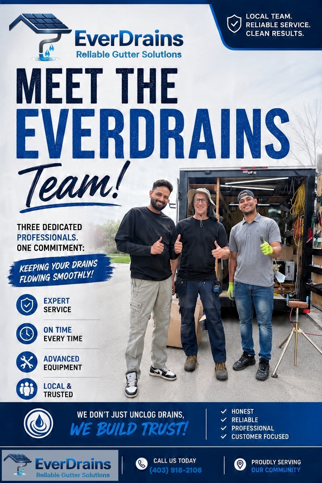 EverDrains team members standing in front of a service trailer, showcasing Calgary's trusted gutter, soffit, fascia