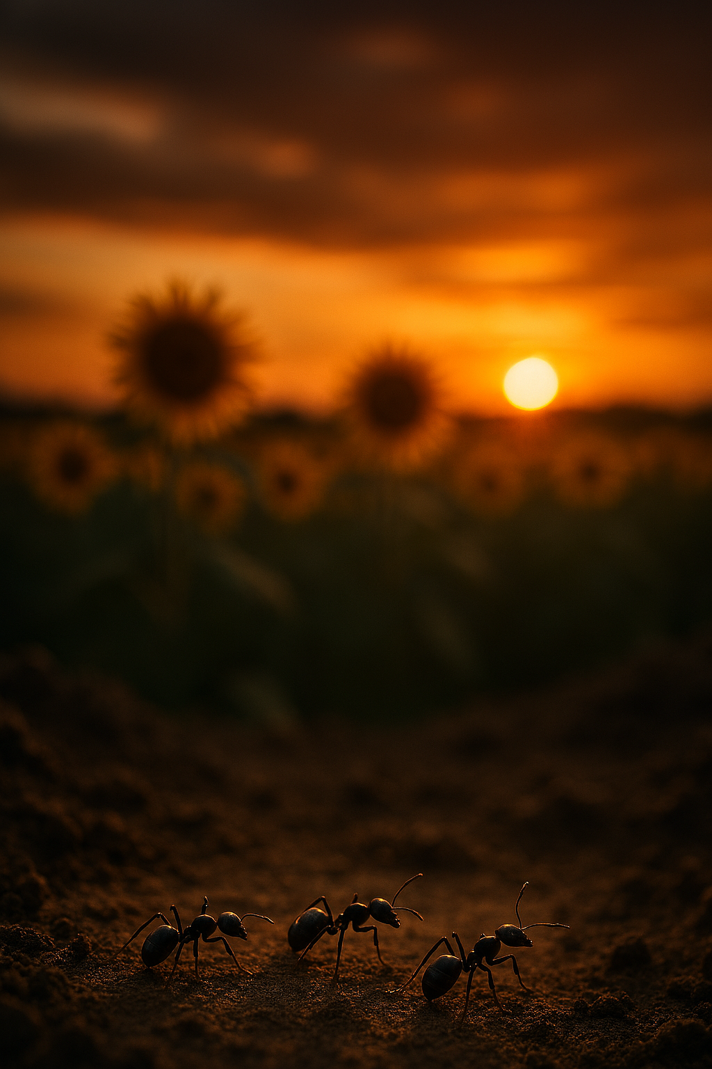 photograph of ants walking in the soil of a Kansas sunflower field