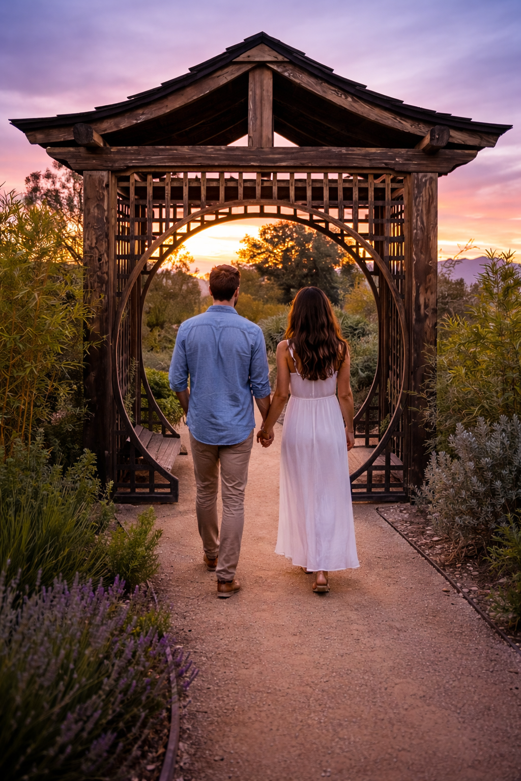 Couple holding hands walking through Meditation Mount in Ojai, California at sunset
