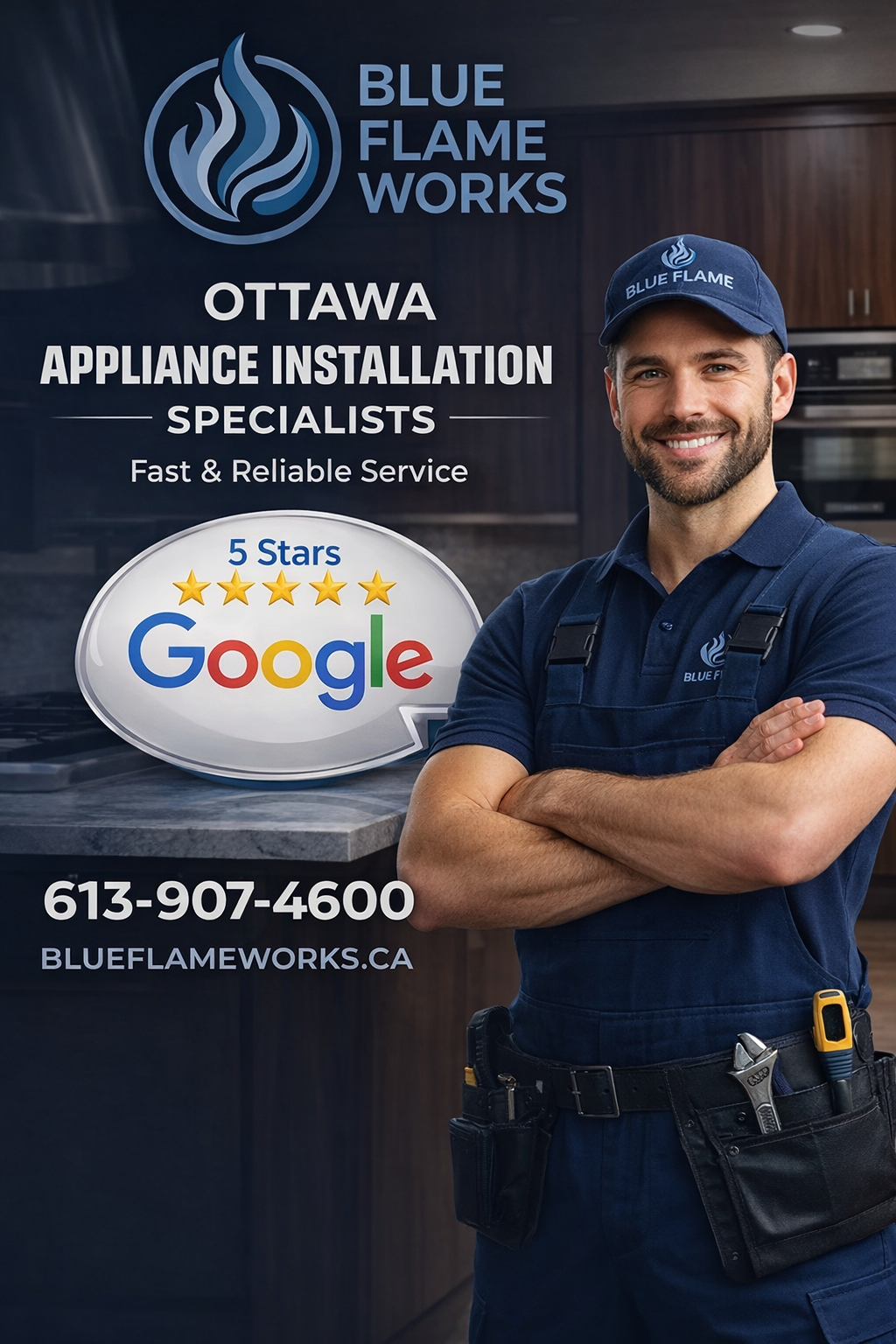 Blue Flame Works ad with smiling technician, 5-star Google rating, phone, and website.