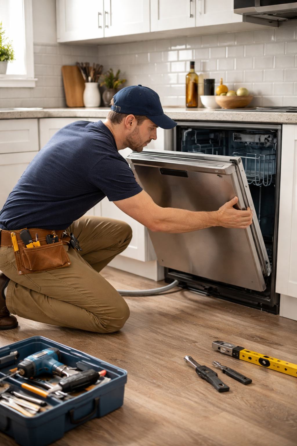 Technician installing a stainless steel dishwasher in a bright modern kitchen with tools on floor