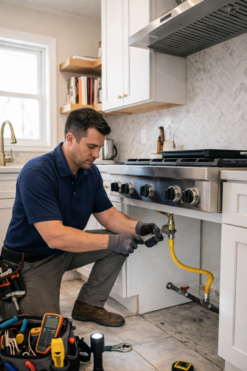Technician installing a gas range in a modern white kitchen with tools and yellow gas line