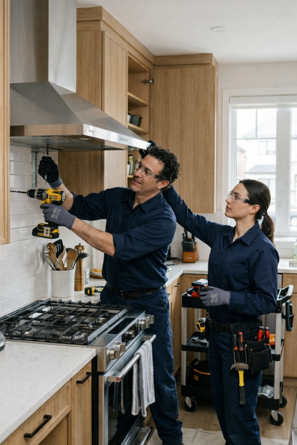 Two technicians installing a stainless steel range hood in a bright modern kitchen