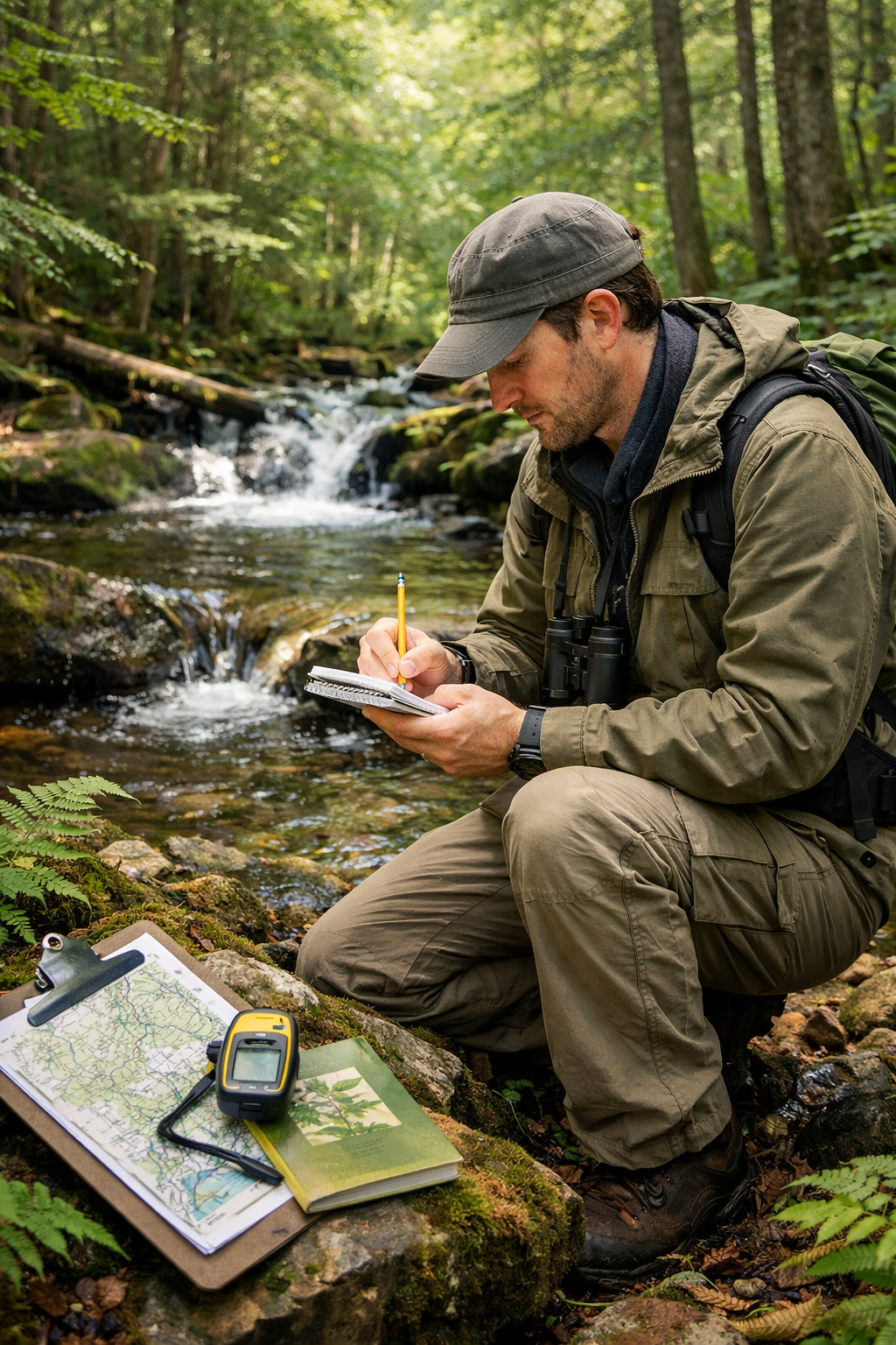 An ecologist writing notes in a forest while conducting a natural heritage evaluation in Ontario.