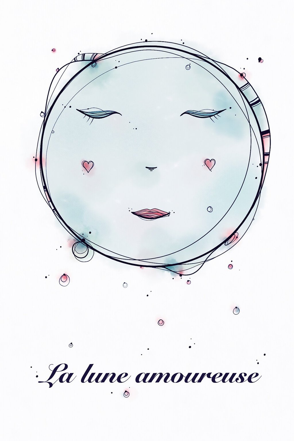 illustration lune bleu aquarelle et encre