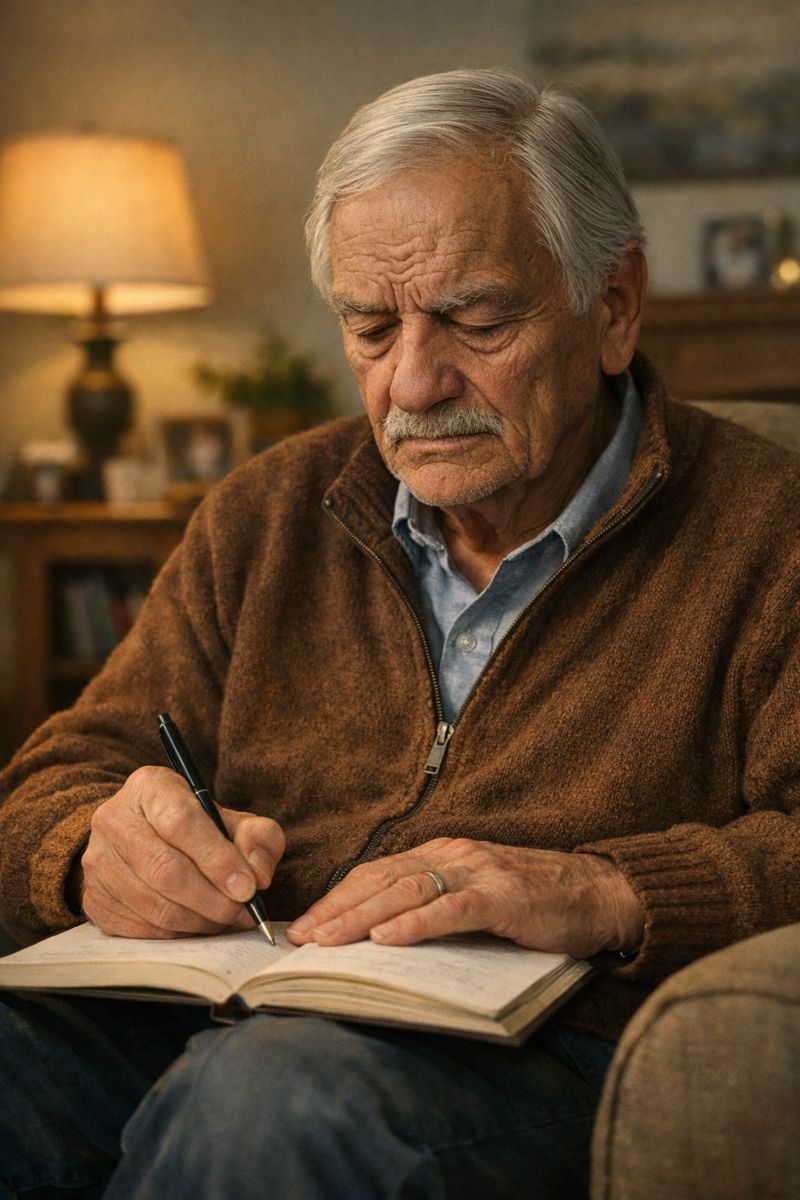 a man sitting on a couch with a pen and a pen