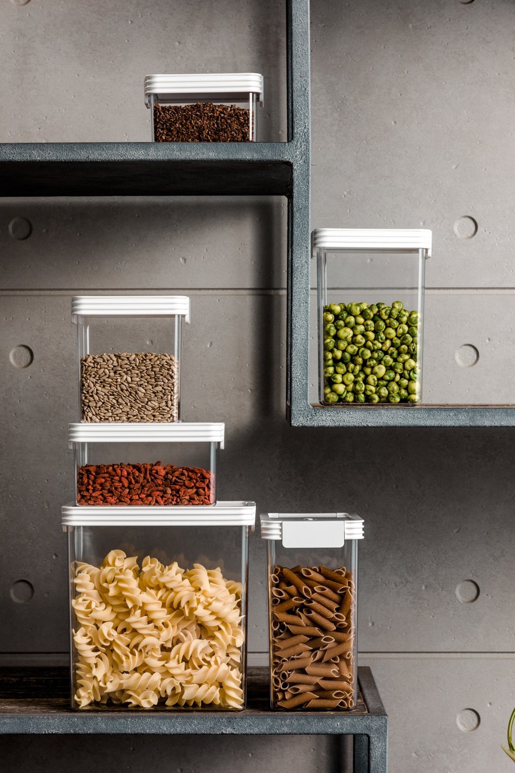 Product photography - a bunch of food items in containers on a shelf